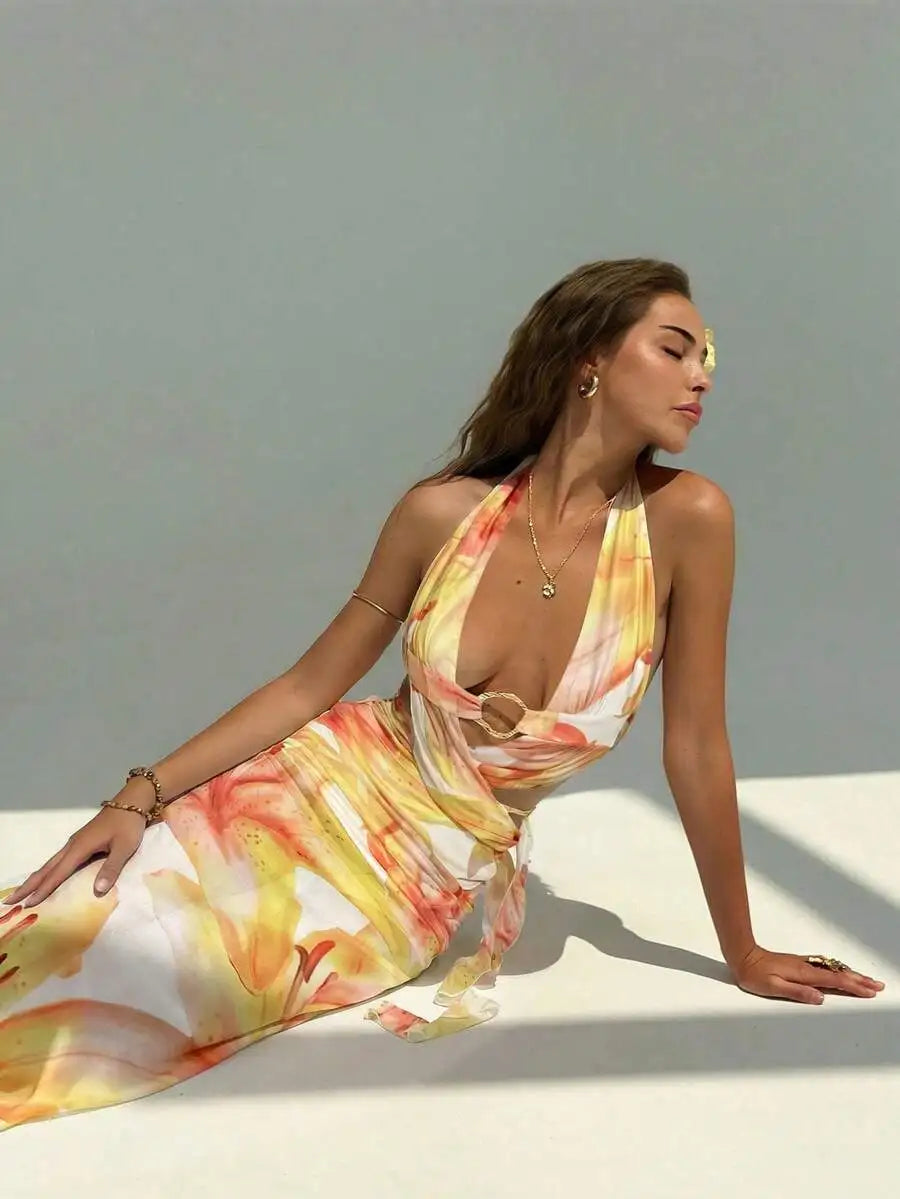 Floral Print Backless Criss Cross Strap Maxi Dress