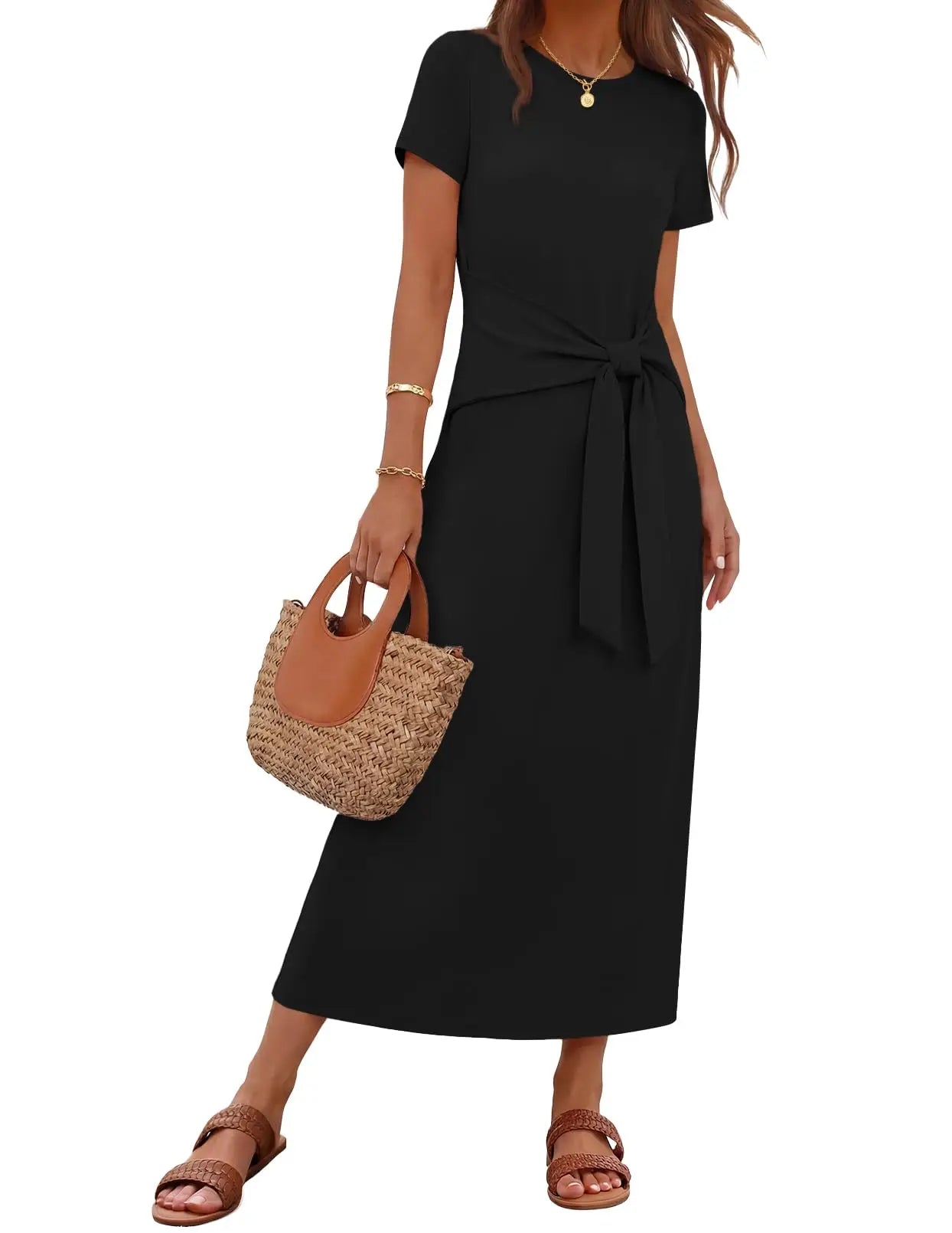Womens Summer Maxi Dress Tie Waist Short Sleeve Beach Vacation