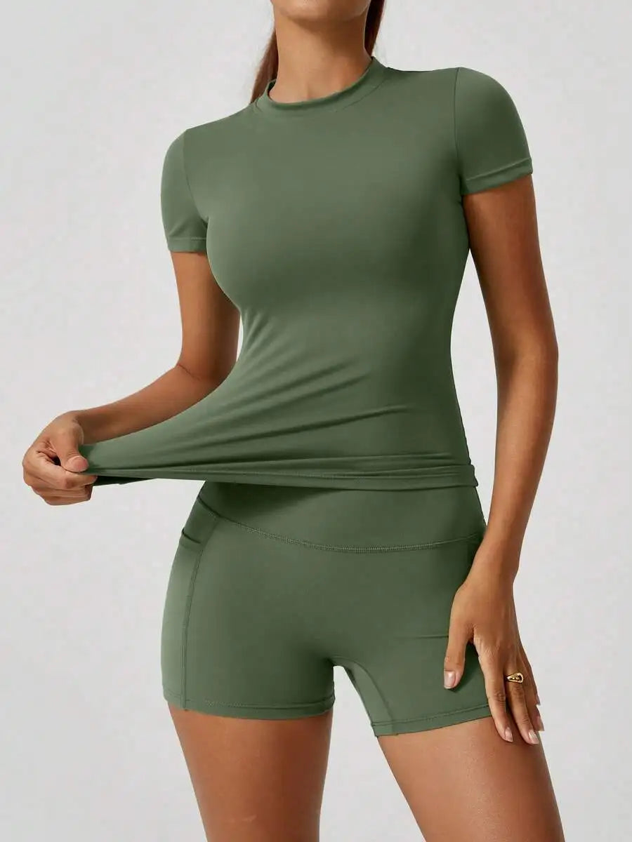Women's Seamless Yellow High Waist Tummy Control Shorts Set