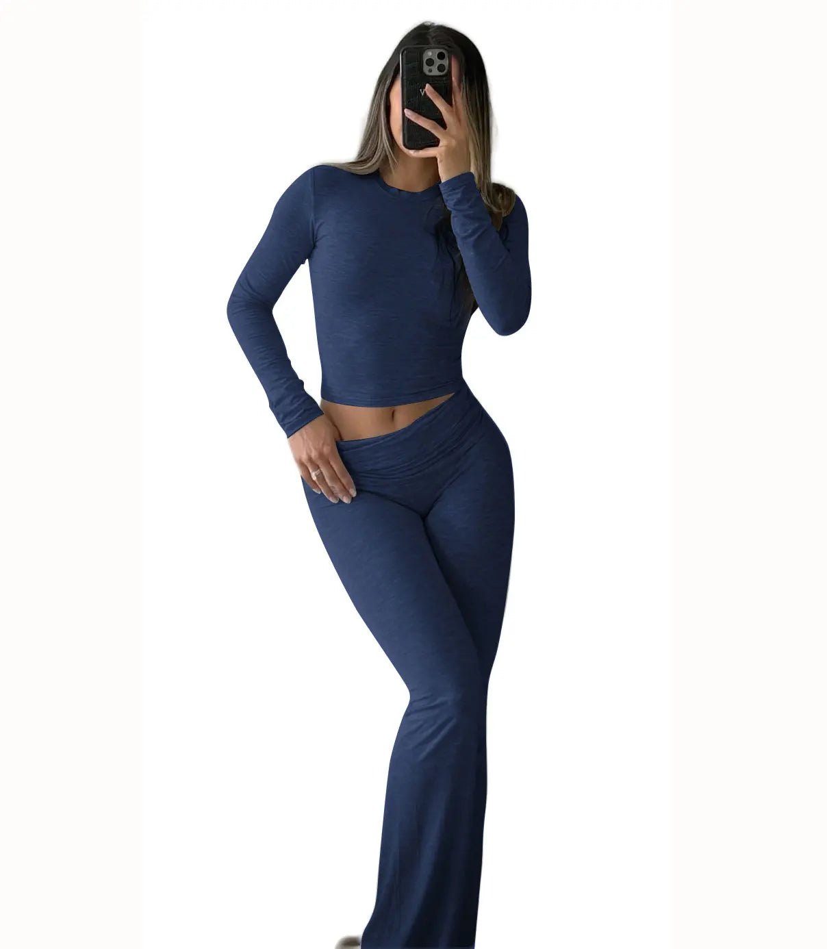 Womens Yoga Two Piece Set Long Sleeve Wide Leg Pants