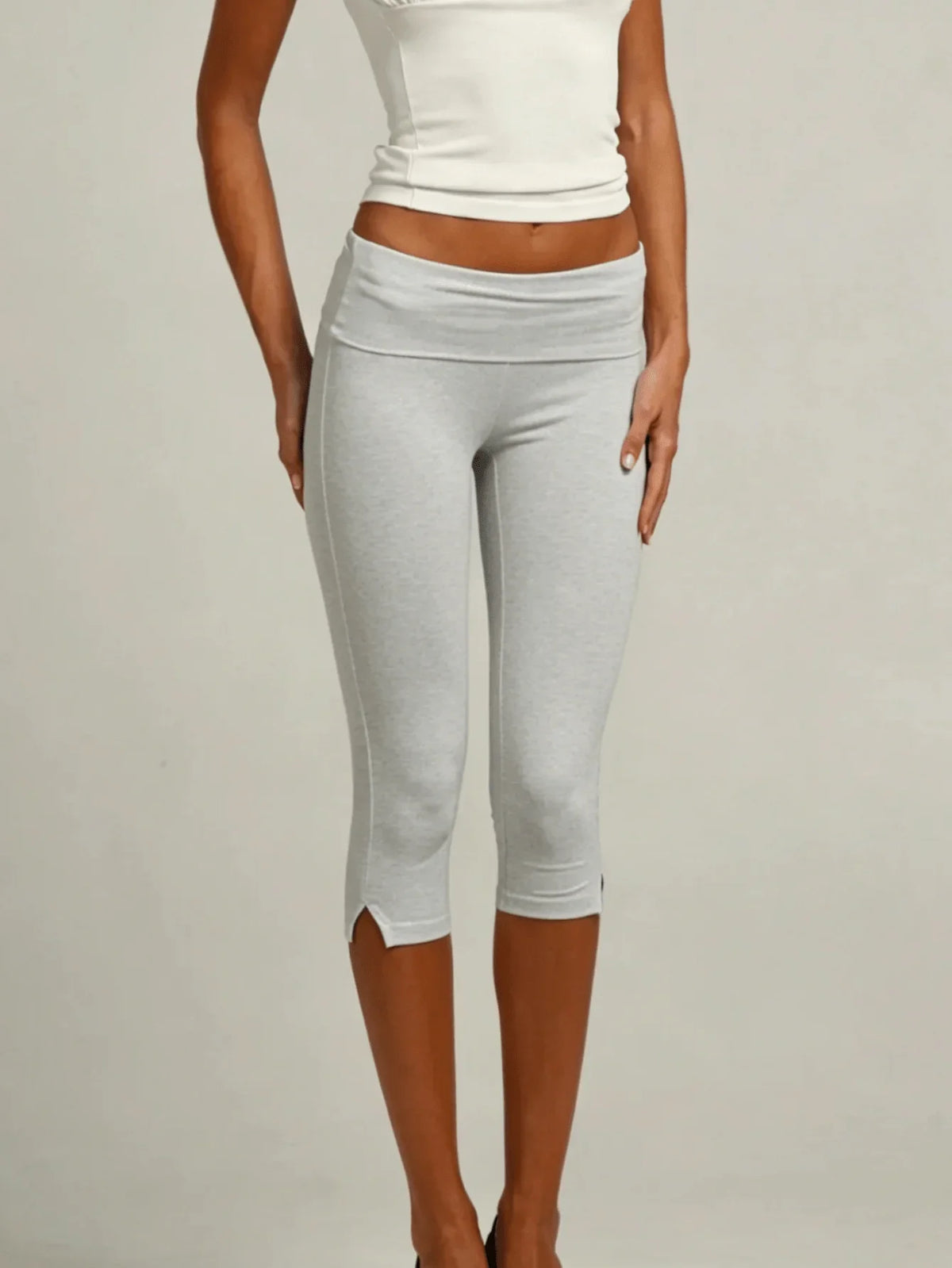 Y2K Women's Low Waist White Capri Leggings With Fold Over Hem