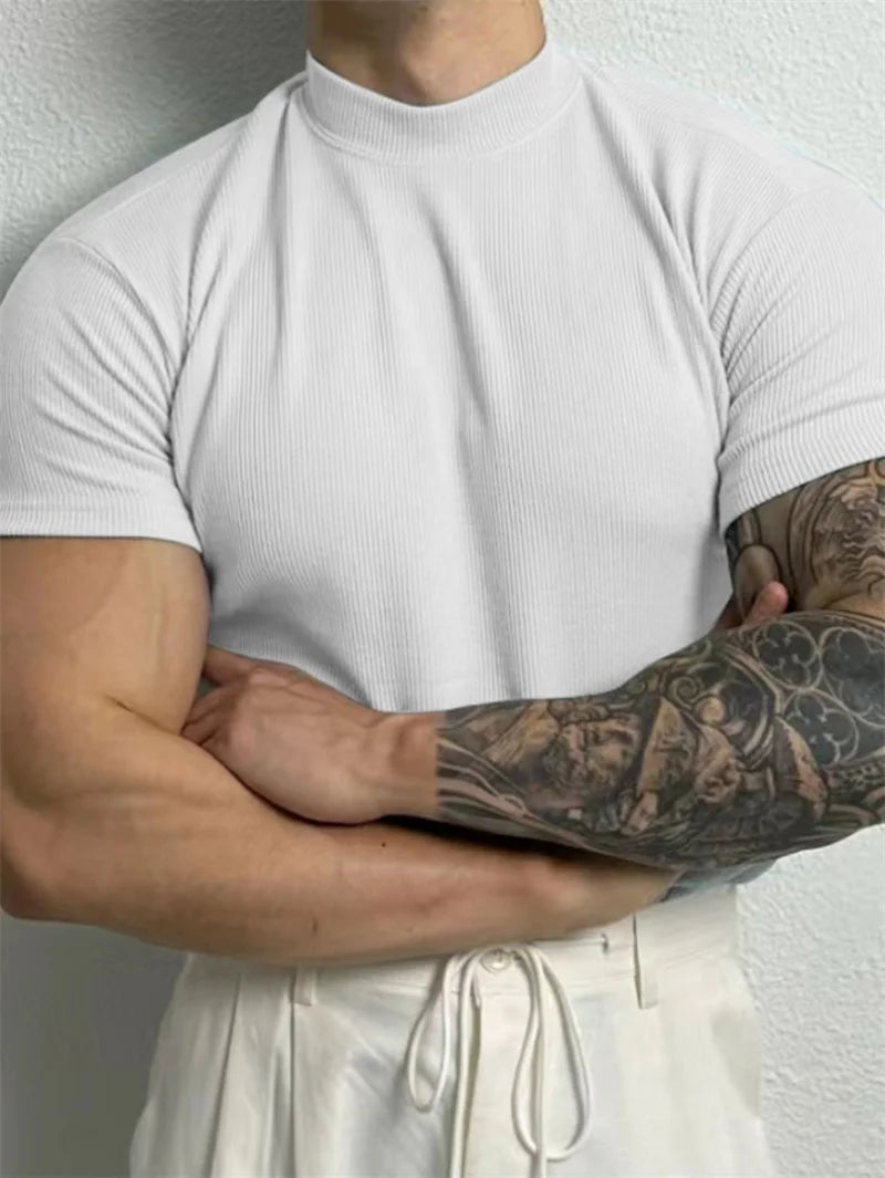 Mens Stripe Knit T Shirt With High Collar Fitness Top