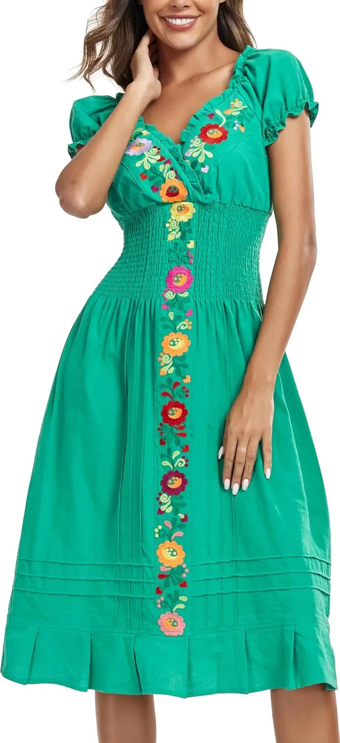 Cotton Women Mexican Embroidered Casual Summer Dress With V Neck