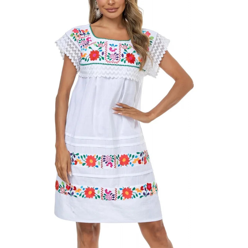 Cotton Knee Length Embroidered Peasant Lace Dress With Short Sleeves