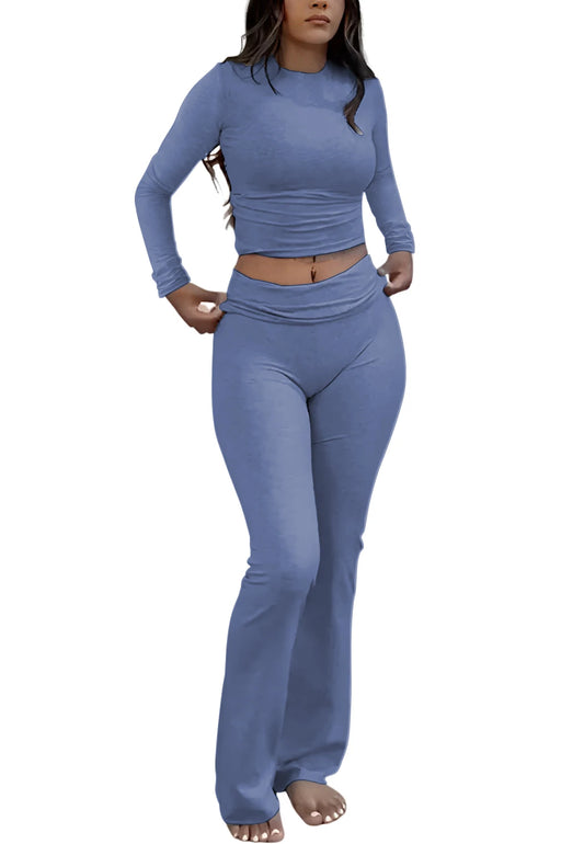 Womens Yoga Two Piece Set Long Sleeve Wide Leg Pants