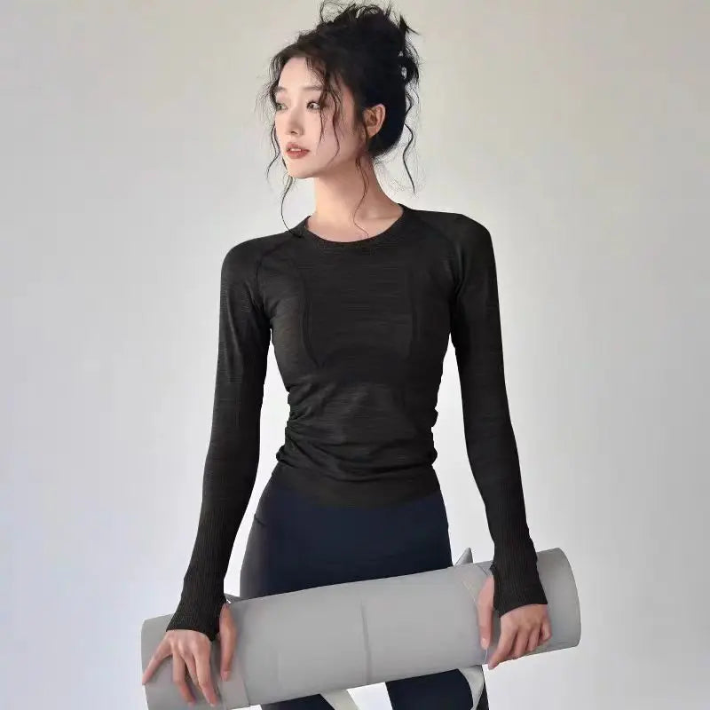 Women's Yoga Top Seamless Breathable Long Sleeve Fitness Shirt Workout