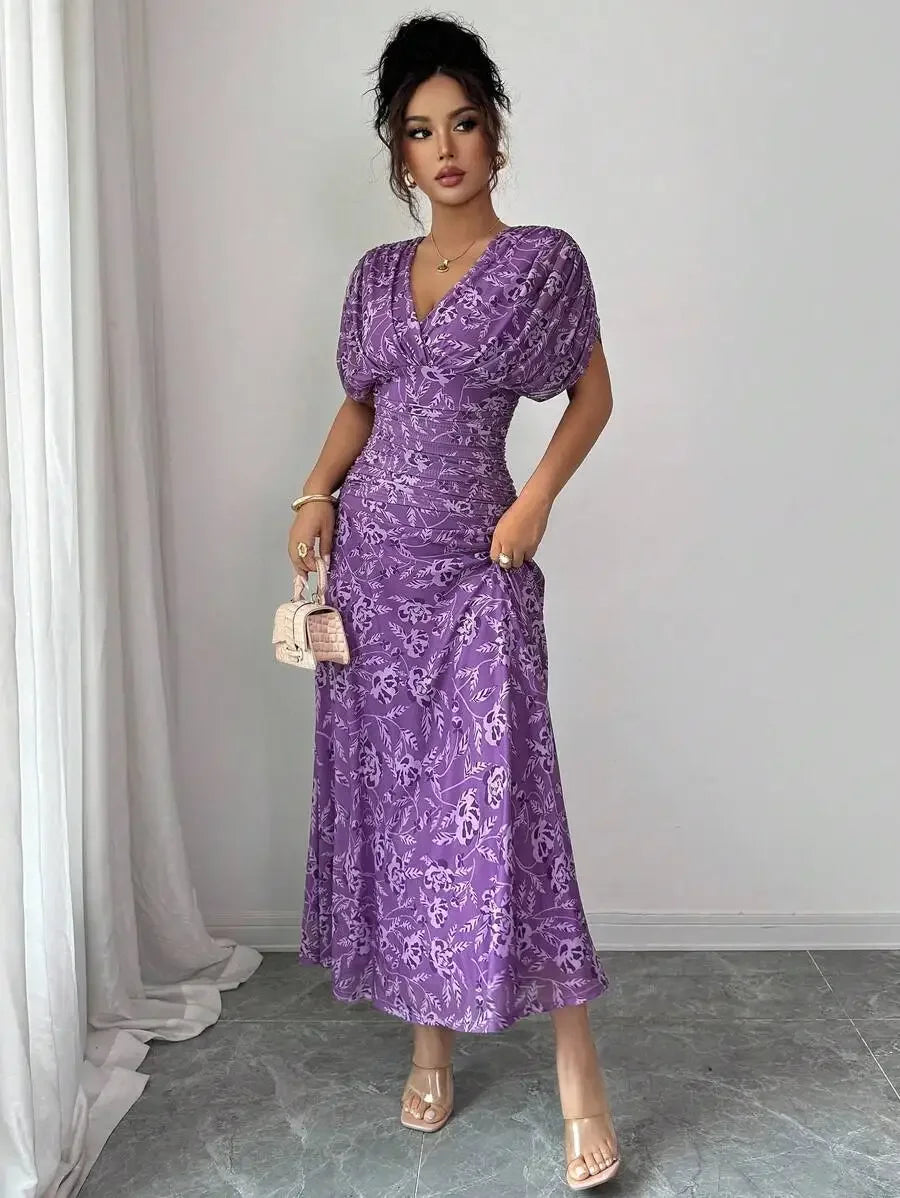 Floral Print V Neck Ruched Waist Maxi Dress For Women