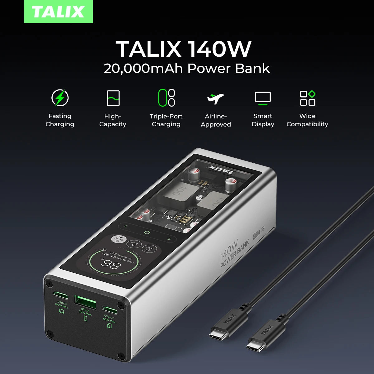 TALIX 140W Power Bank 20000mAh Portable Laptop Charger With Display