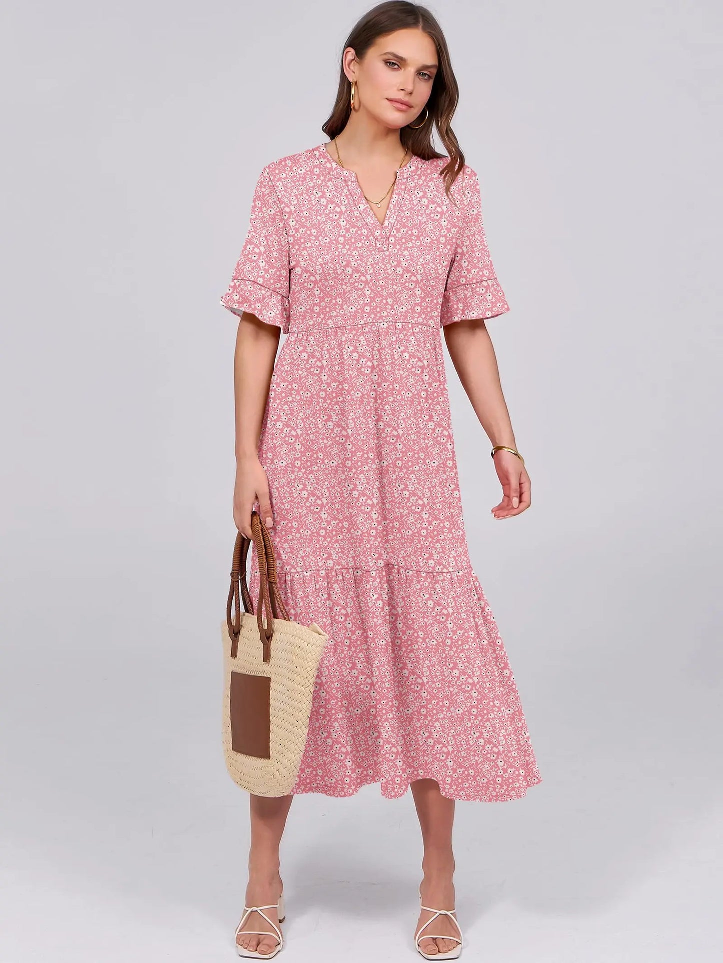 Womens Ruffle Short Sleeve Maxi Dress V Neck Tiered Pockets