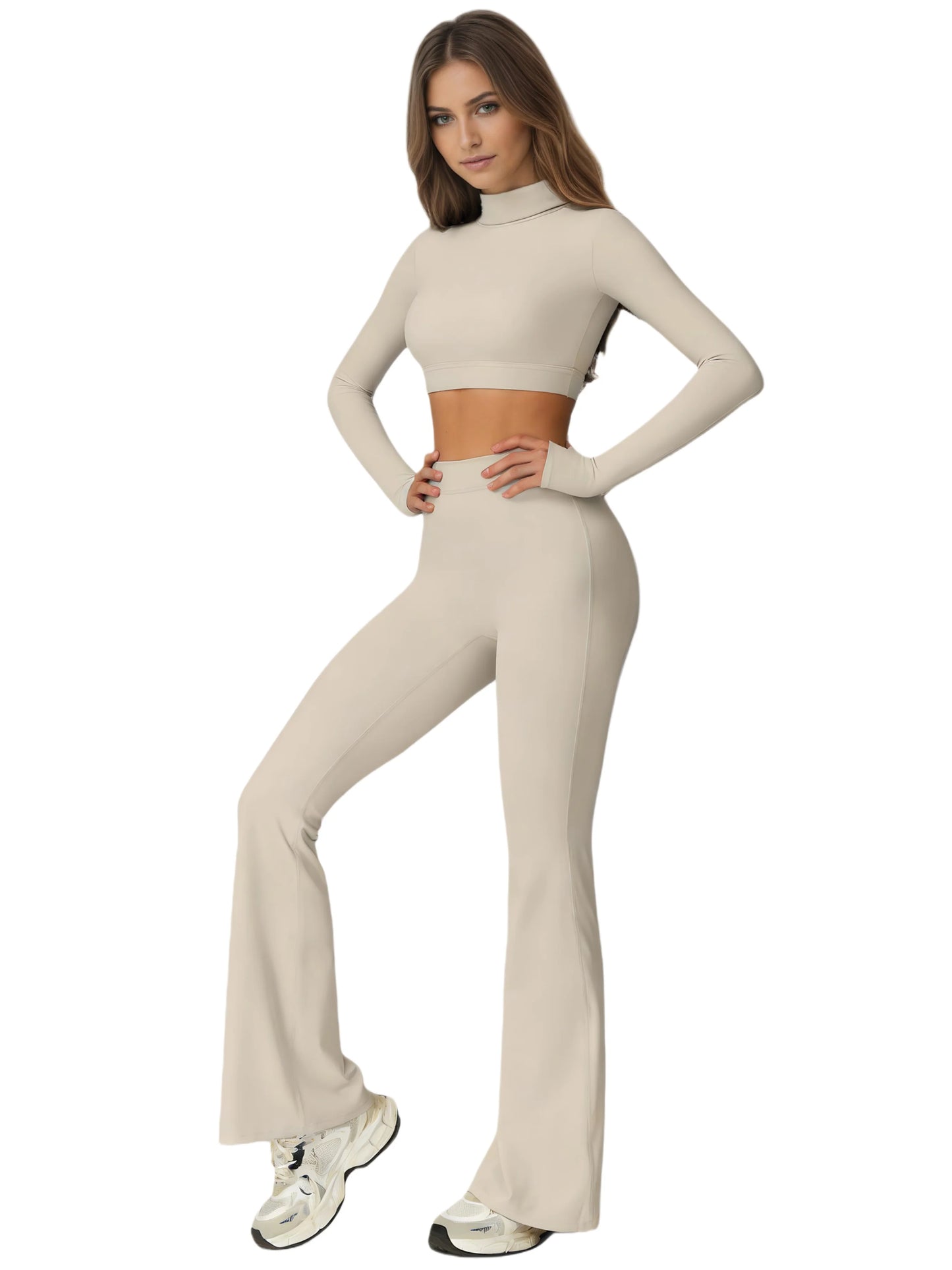 Airila Women's High-Neck Yoga Set Back-Cutout Flared Pants Removable Pads