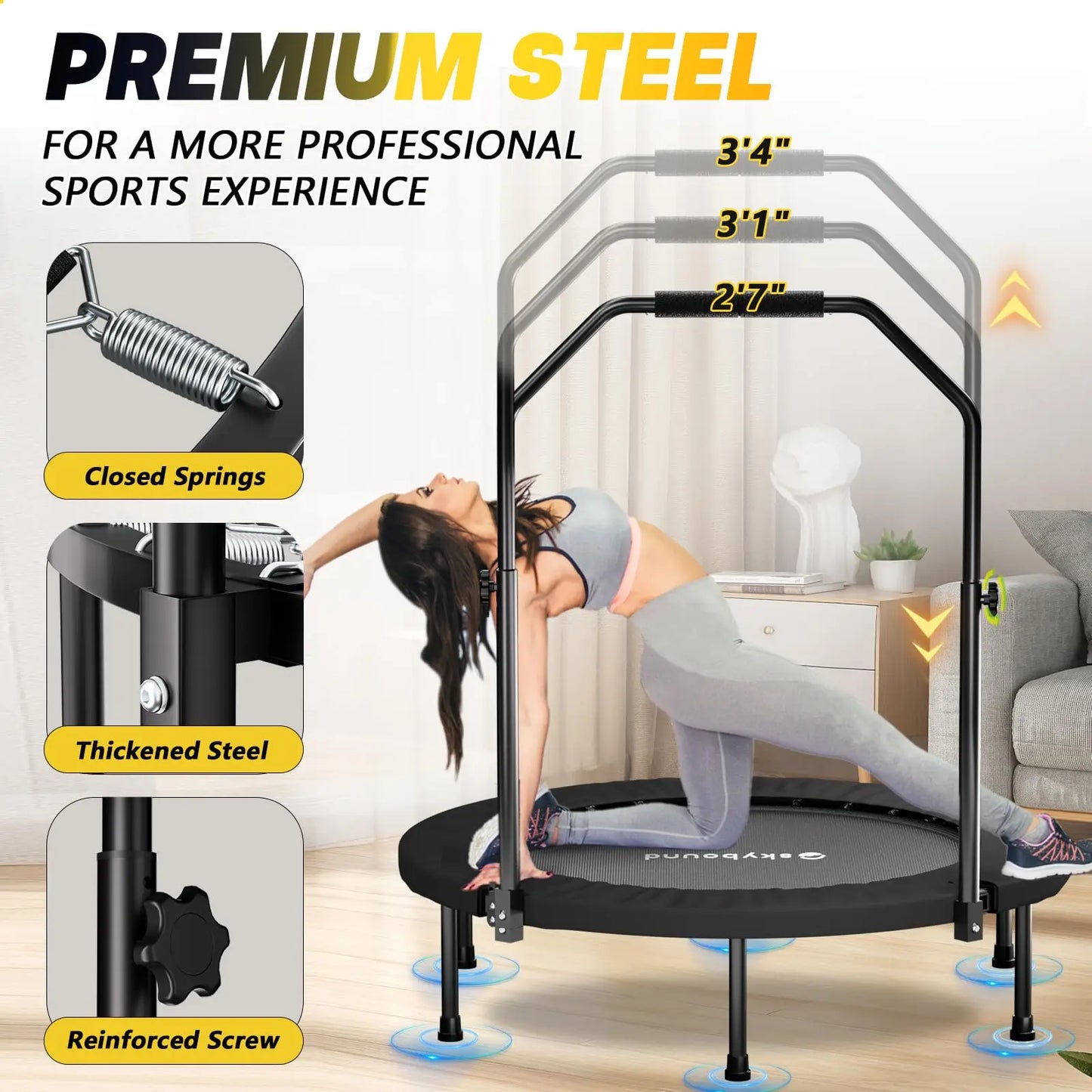 Noned Rebounder Trampoline for Adults With Adjustable U Bar Handle