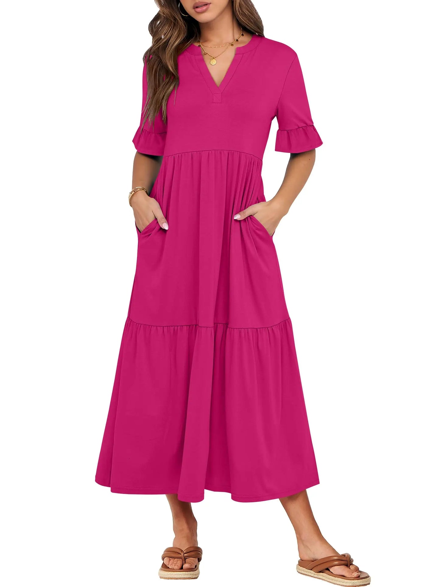 Womens Ruffle Short Sleeve Maxi Dress V Neck Tiered Pockets