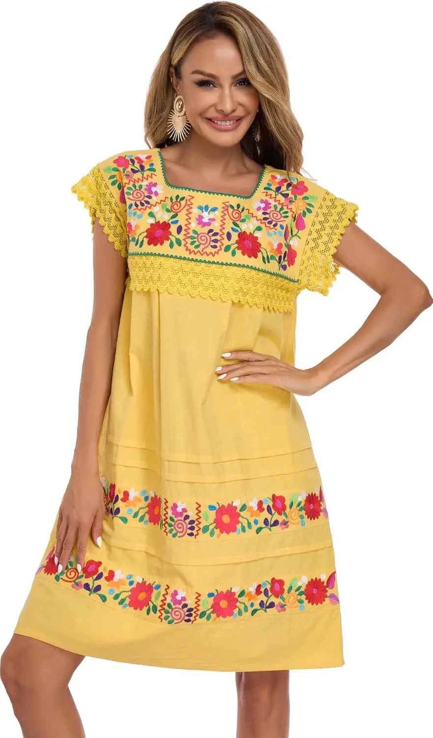 Cotton Knee Length Embroidered Peasant Lace Dress With Short Sleeves