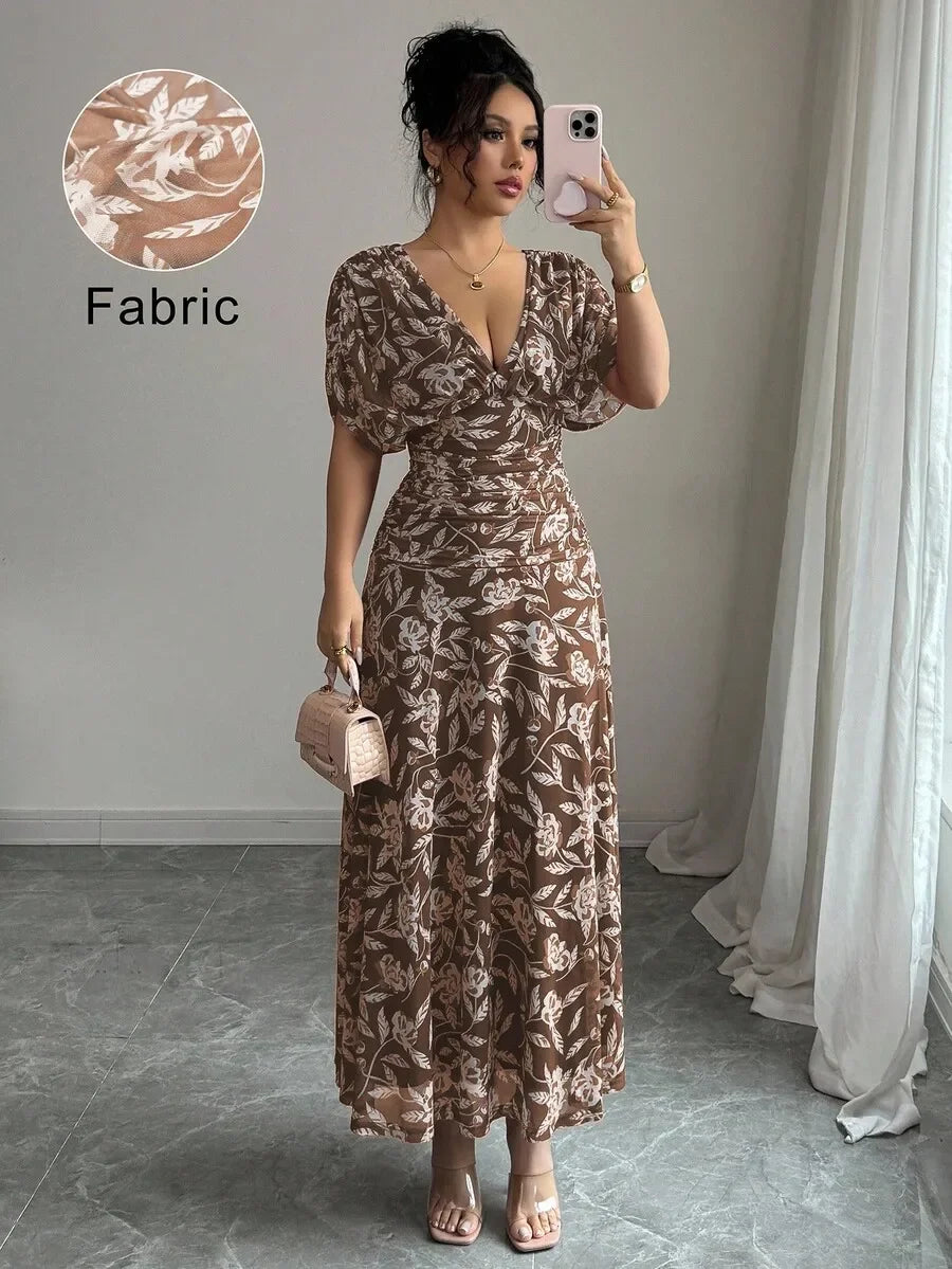 Floral Print V Neck Ruched Waist Maxi Dress For Women