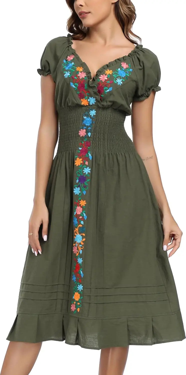 Cotton Women Mexican Embroidered Casual Summer Dress With V Neck