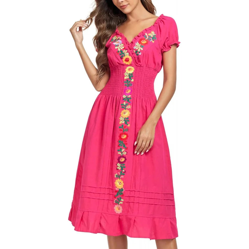 Cotton Women Mexican Embroidered Casual Summer Dress With V Neck