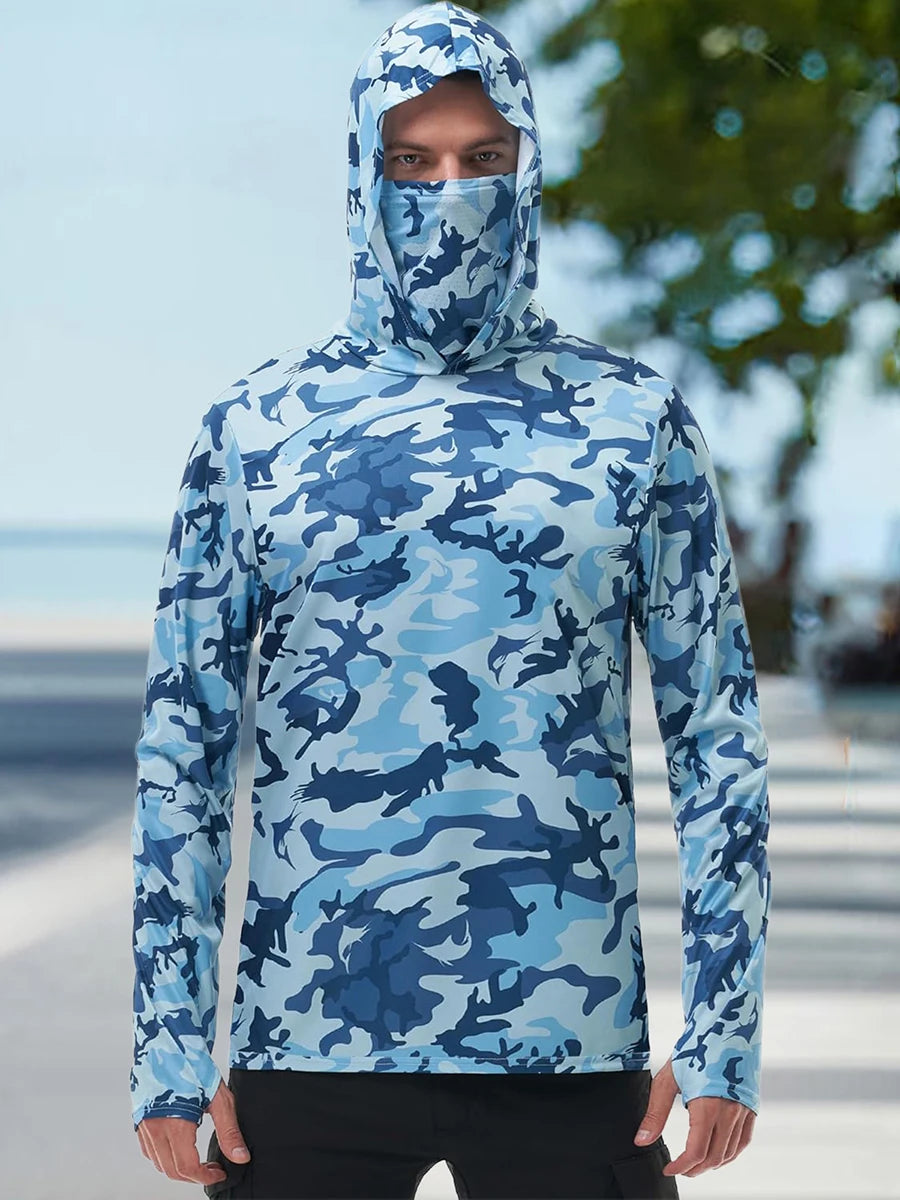 Men's Camo Print Hoodie Shirt With Built In Face Mask