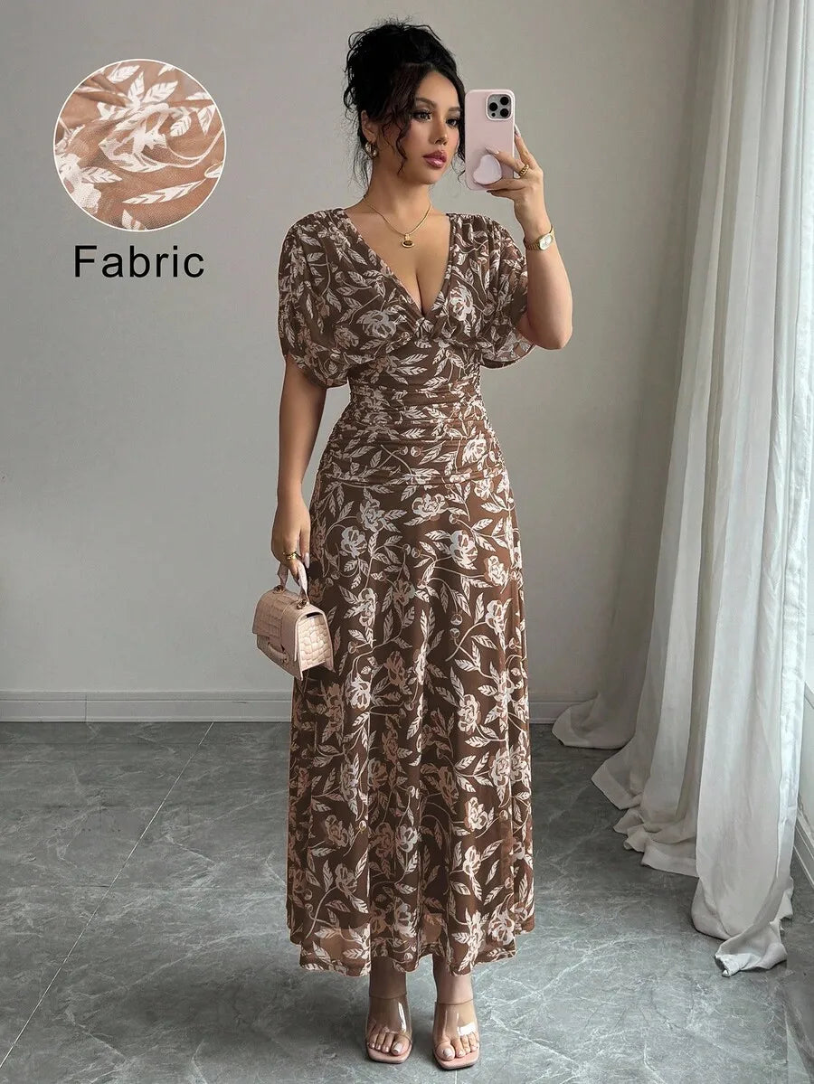 Floral Print V Neck Ruched Waist Maxi Dress For Women