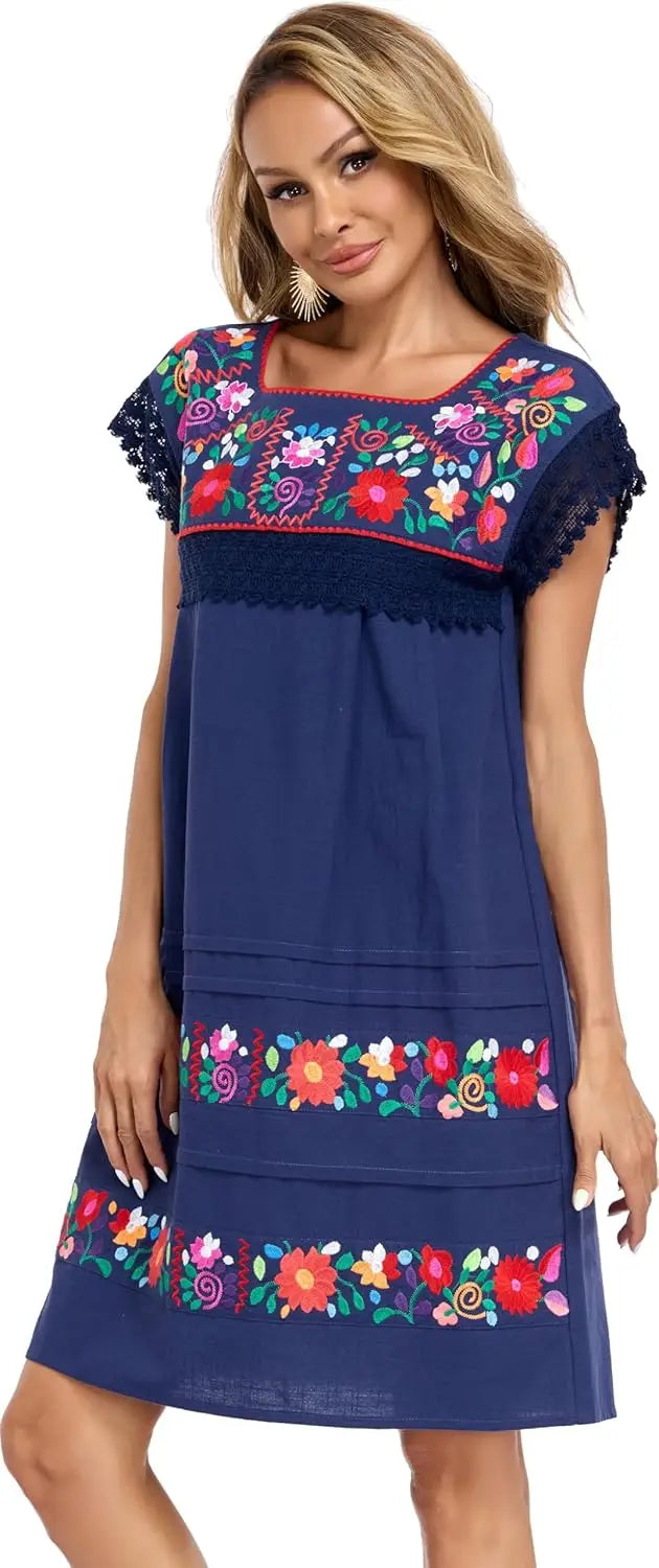 Cotton Knee Length Embroidered Peasant Lace Dress With Short Sleeves