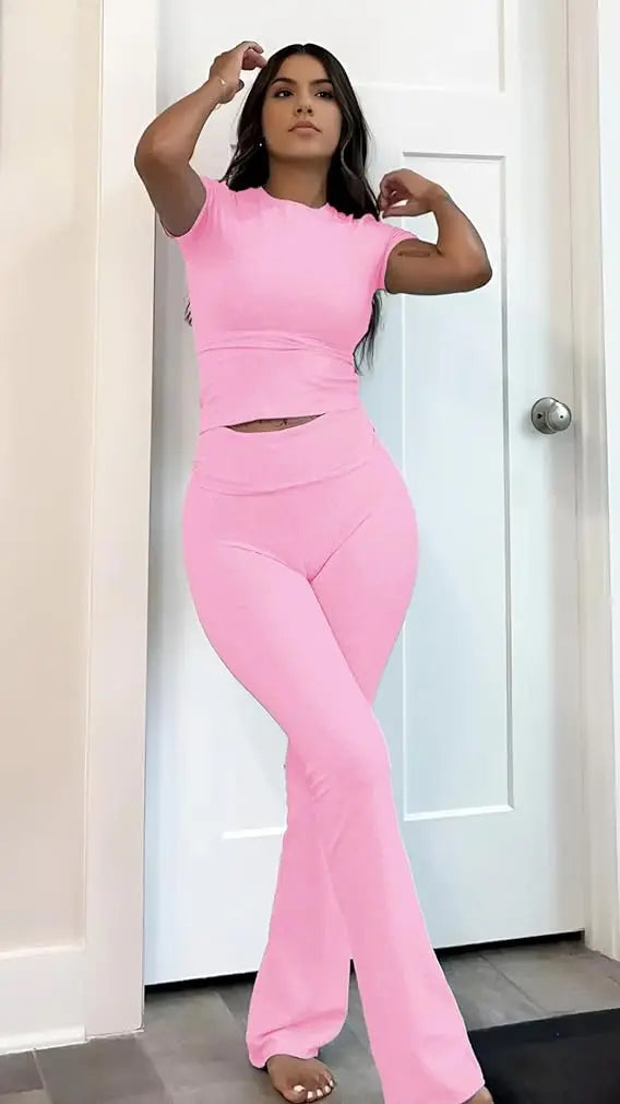 Women's Yoga Set Two-Piece Short Sleeve Top And Flared Pants