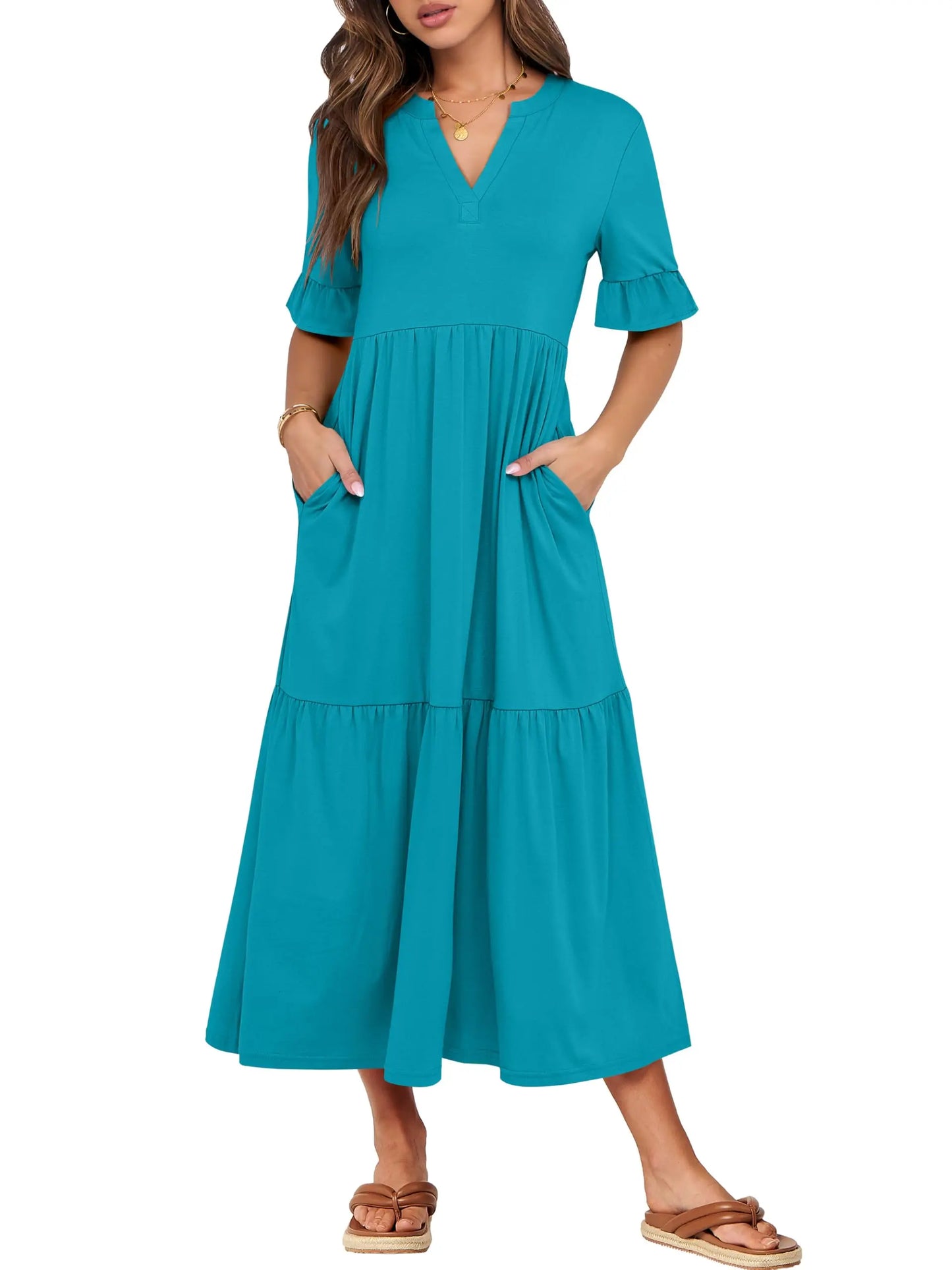 Womens Ruffle Short Sleeve Maxi Dress V Neck Tiered Pockets