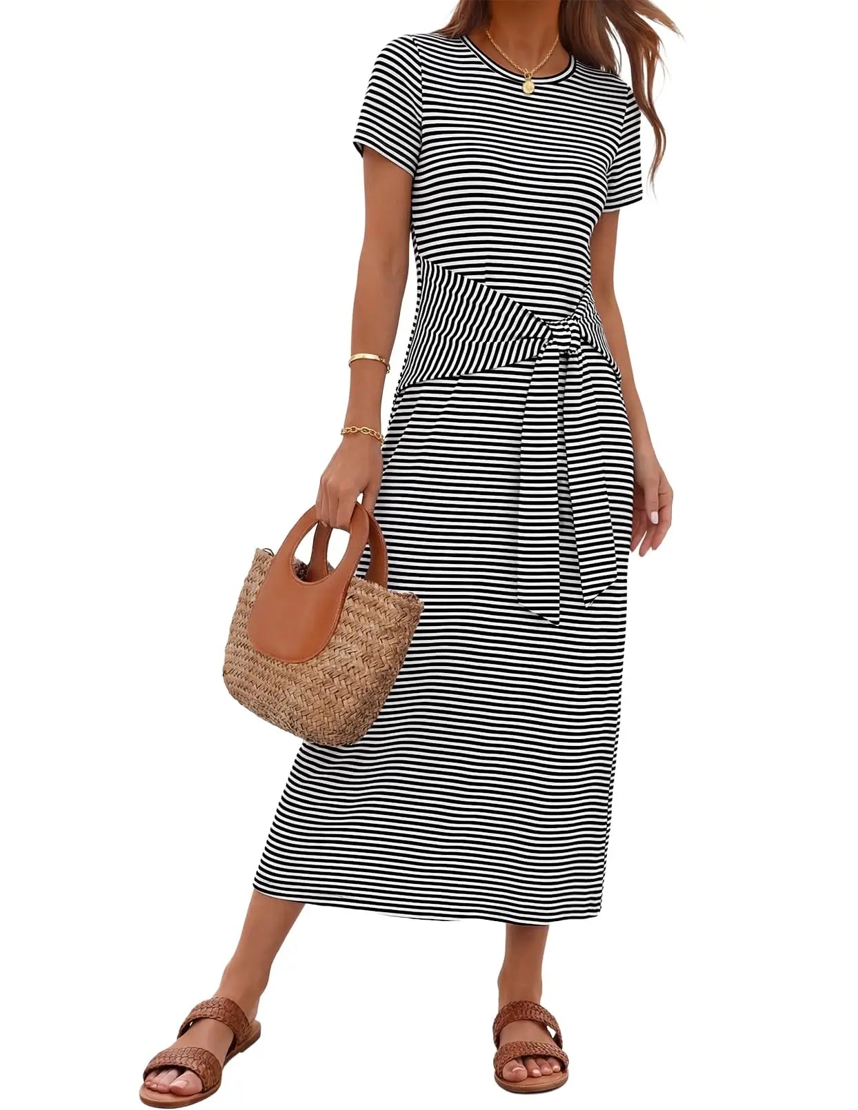 Womens Summer Maxi Dress Tie Waist Short Sleeve Beach Vacation