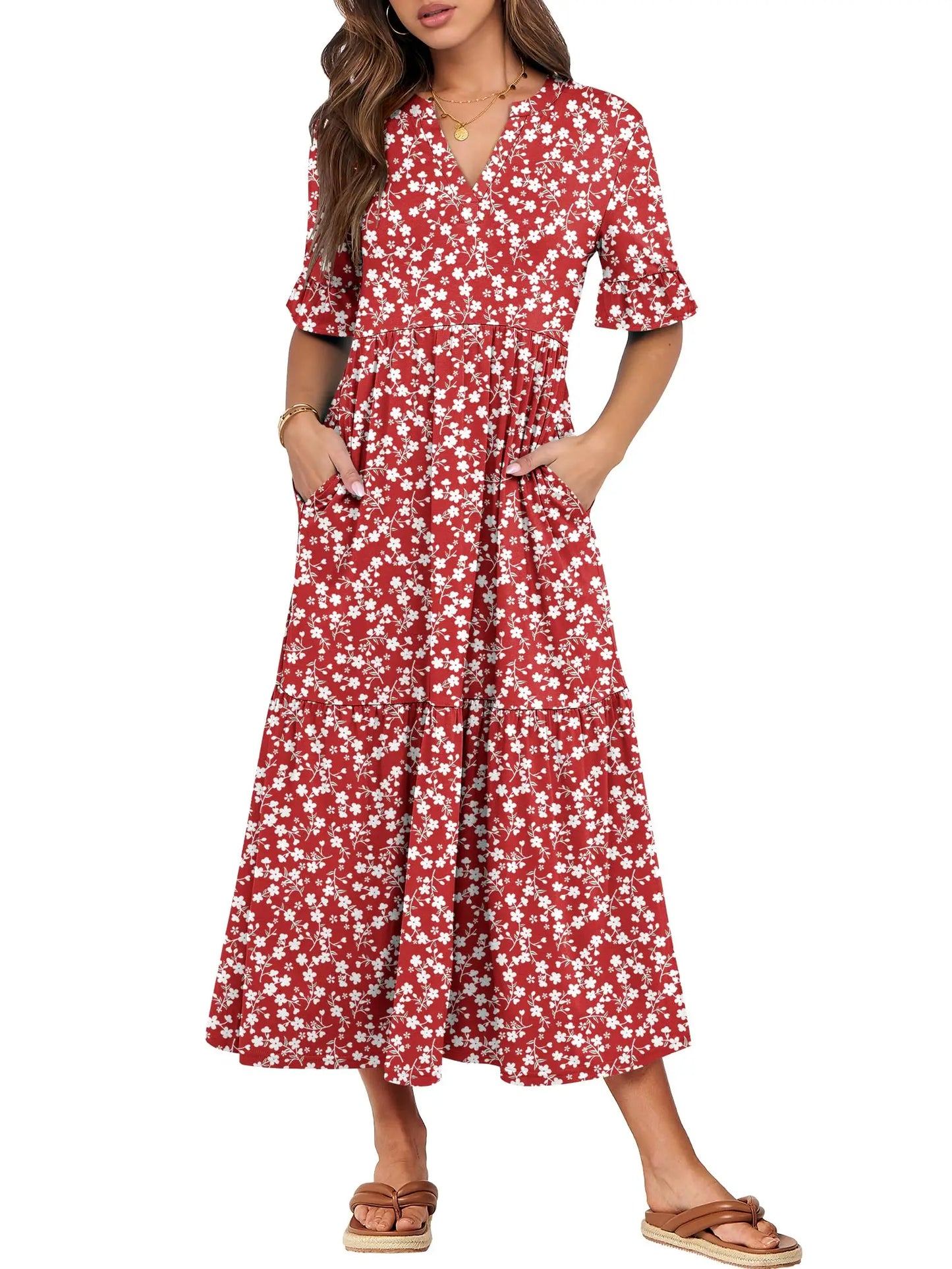 Womens Ruffle Short Sleeve Maxi Dress V Neck Tiered Pockets