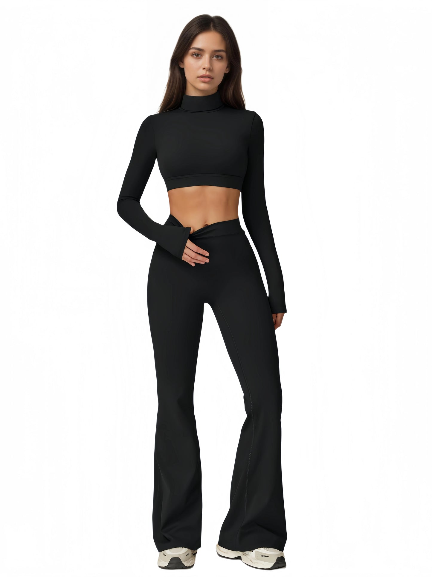 Airila Women's High-Neck Yoga Set Back-Cutout Flared Pants Removable Pads