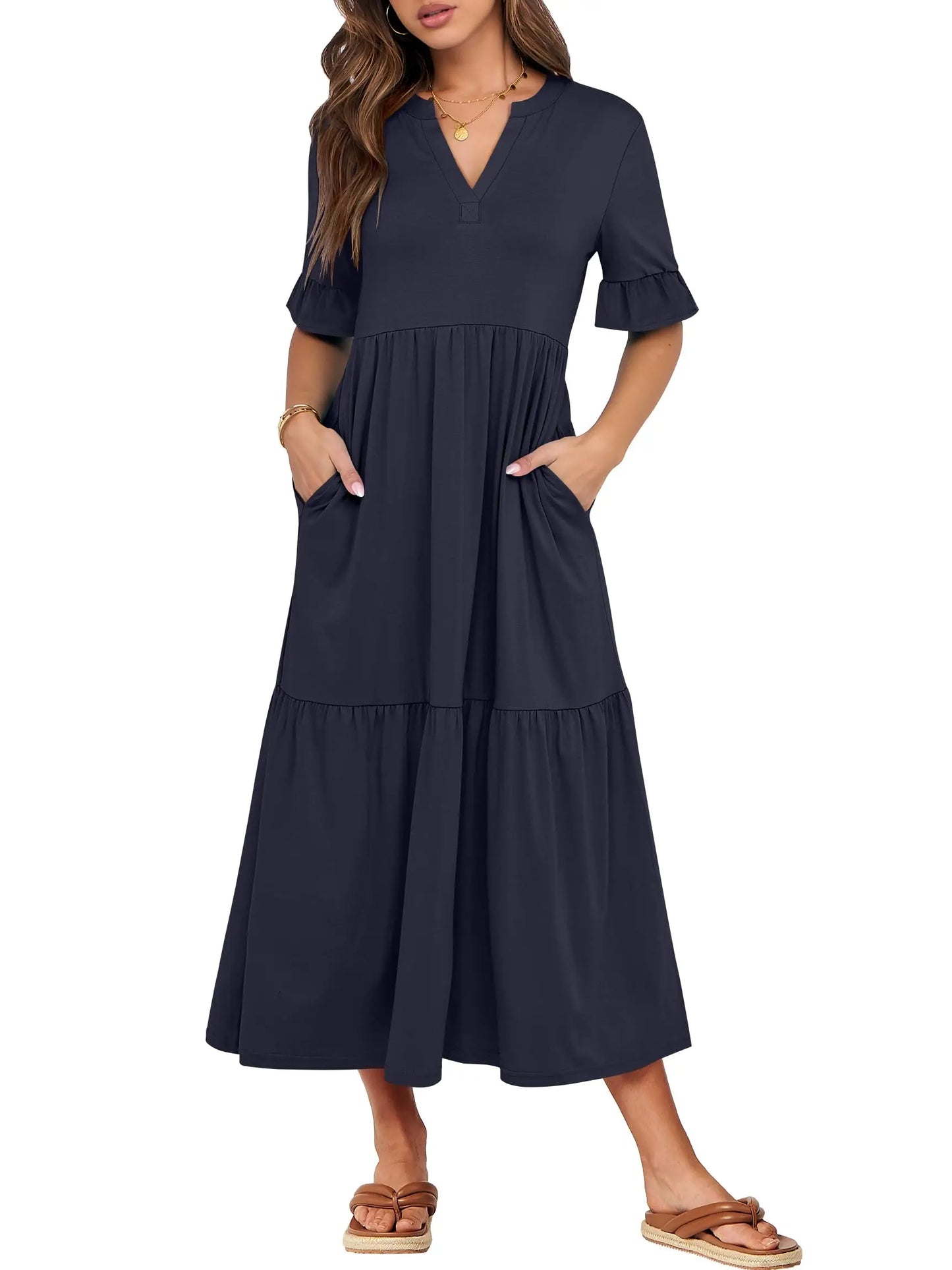 Womens Ruffle Short Sleeve Maxi Dress V Neck Tiered Pockets