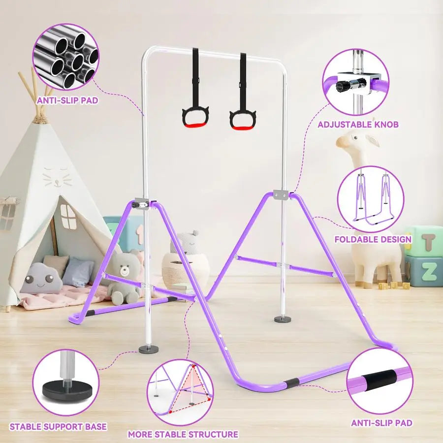 XMSJ Kids Gymnastics Bar With Height Adjustable Foldable Rings