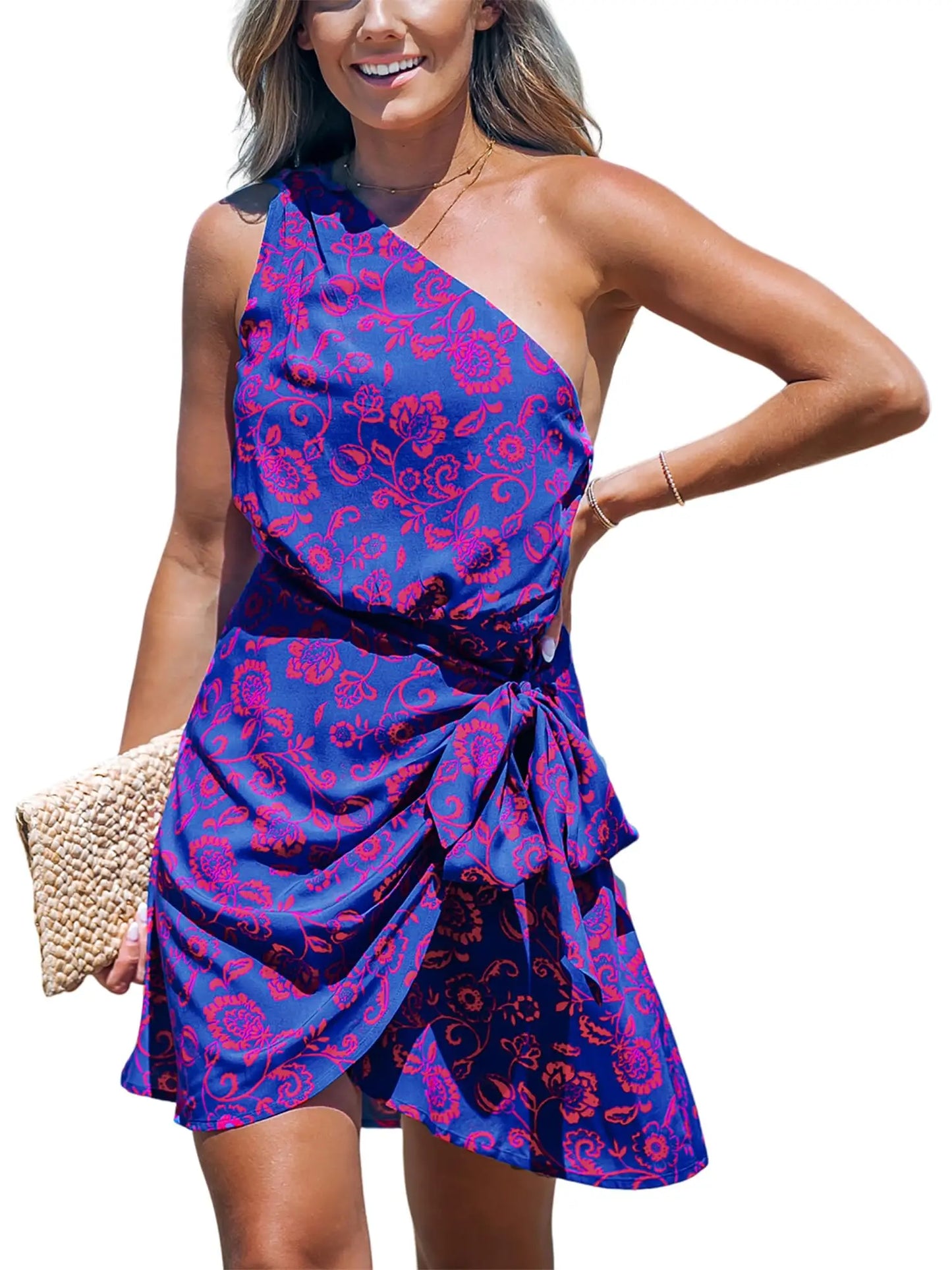 One Shoulder Paisley Print Self Tie Mini Dress For Women