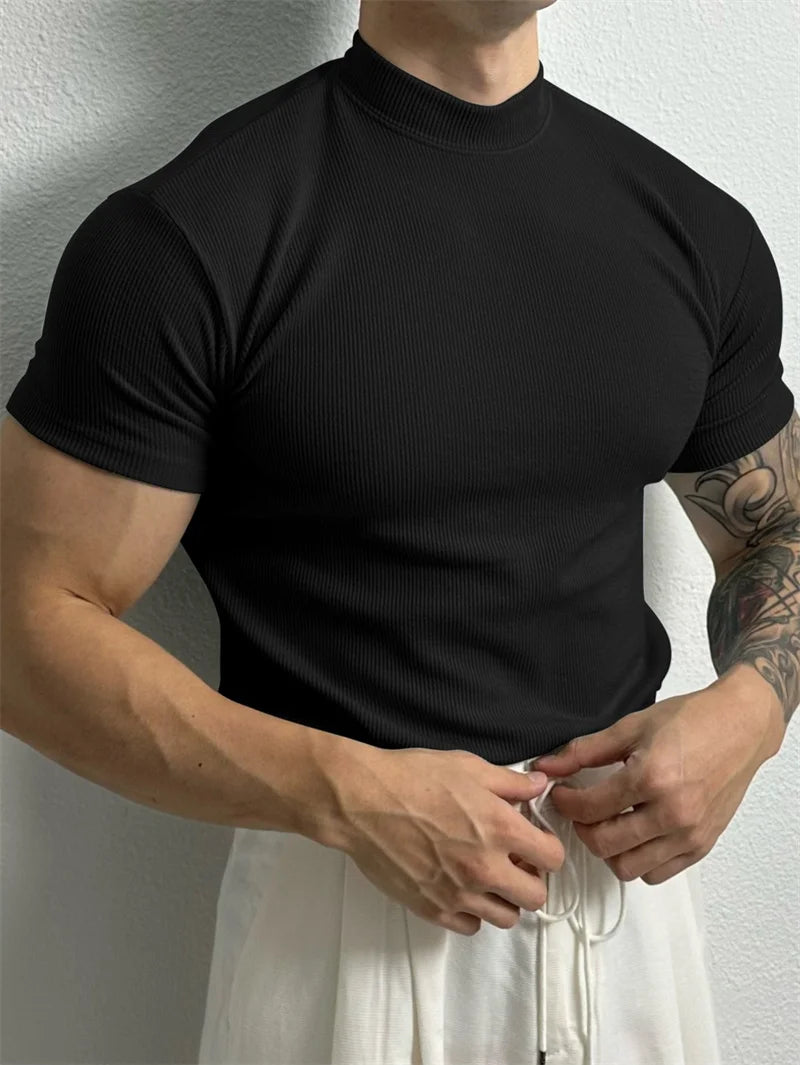 Mens Stripe Knit T Shirt With High Collar Fitness Top
