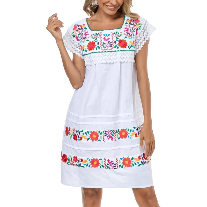 Cotton Knee Length Embroidered Peasant Lace Dress With Short Sleeves