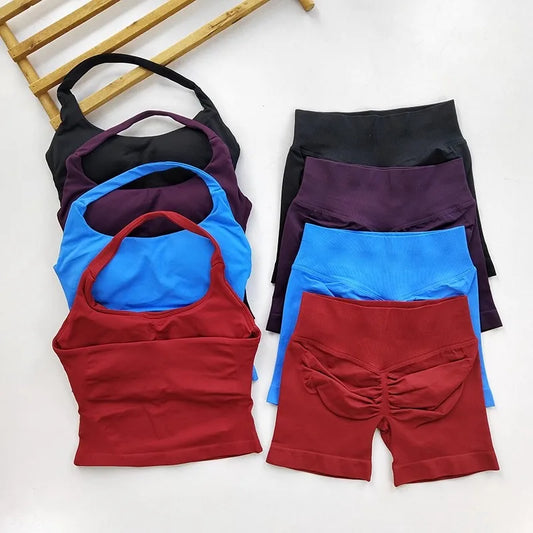 Yoga 2 Piece Set Women Backless Halter Top and Shorts