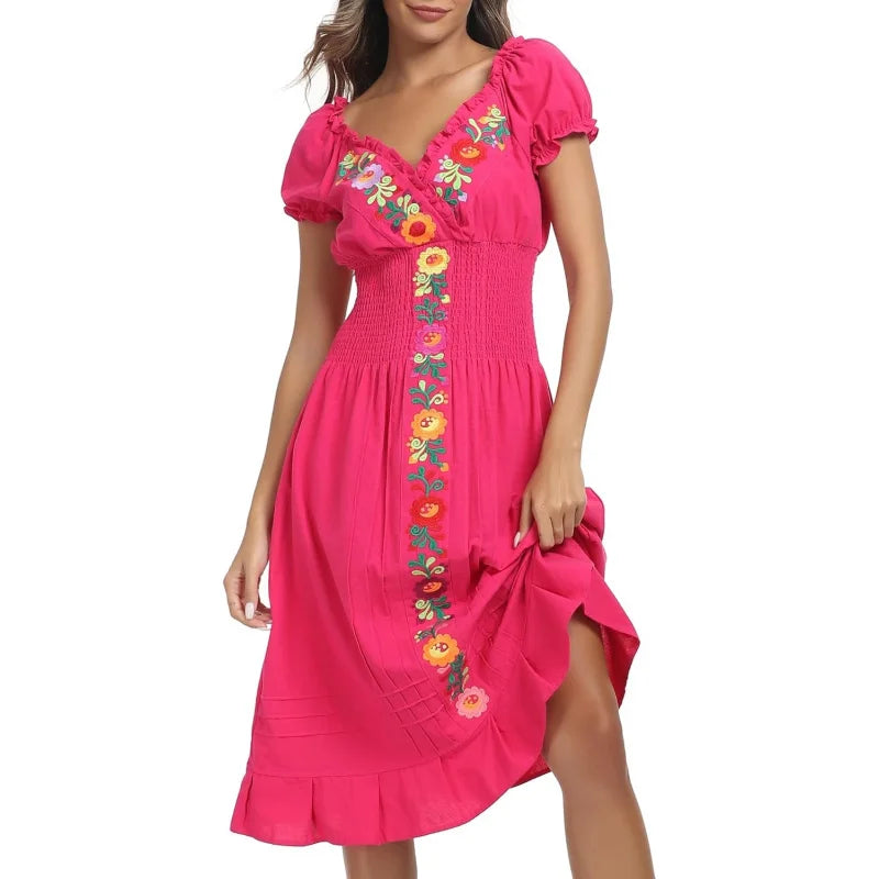 Cotton Women Mexican Embroidered Casual Summer Dress With V Neck