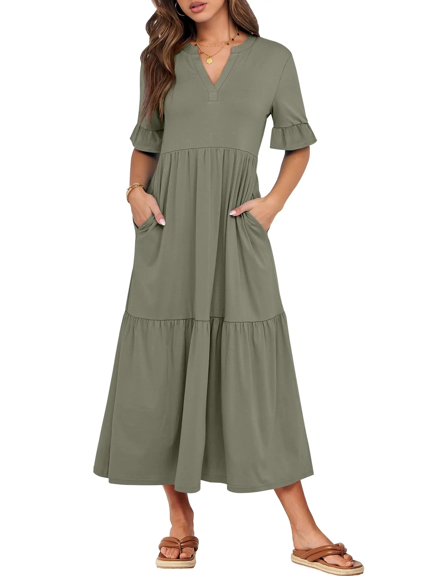 Womens Ruffle Short Sleeve Maxi Dress V Neck Tiered Pockets