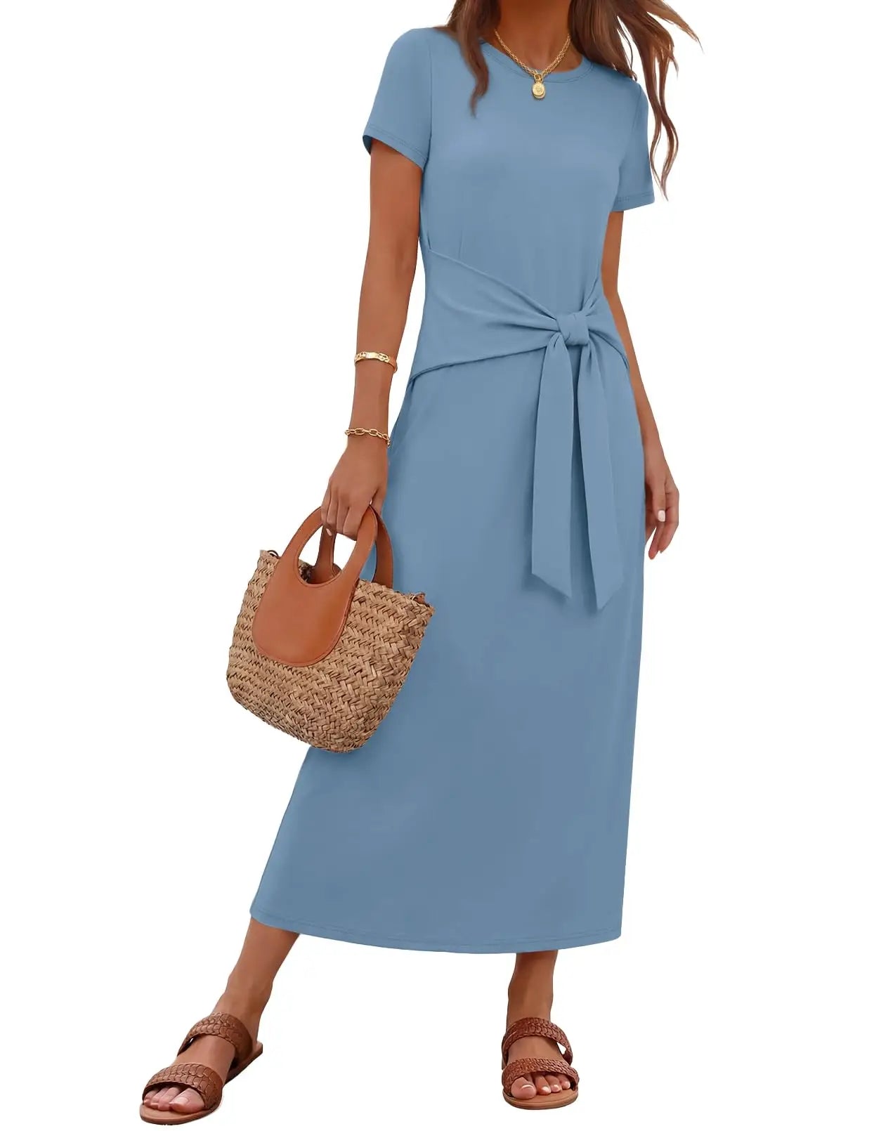 Womens Summer Maxi Dress Tie Waist Short Sleeve Beach Vacation