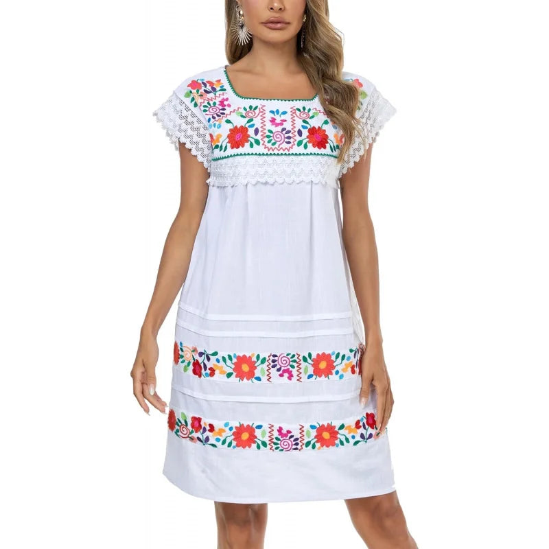 Cotton Knee Length Embroidered Peasant Lace Dress With Short Sleeves