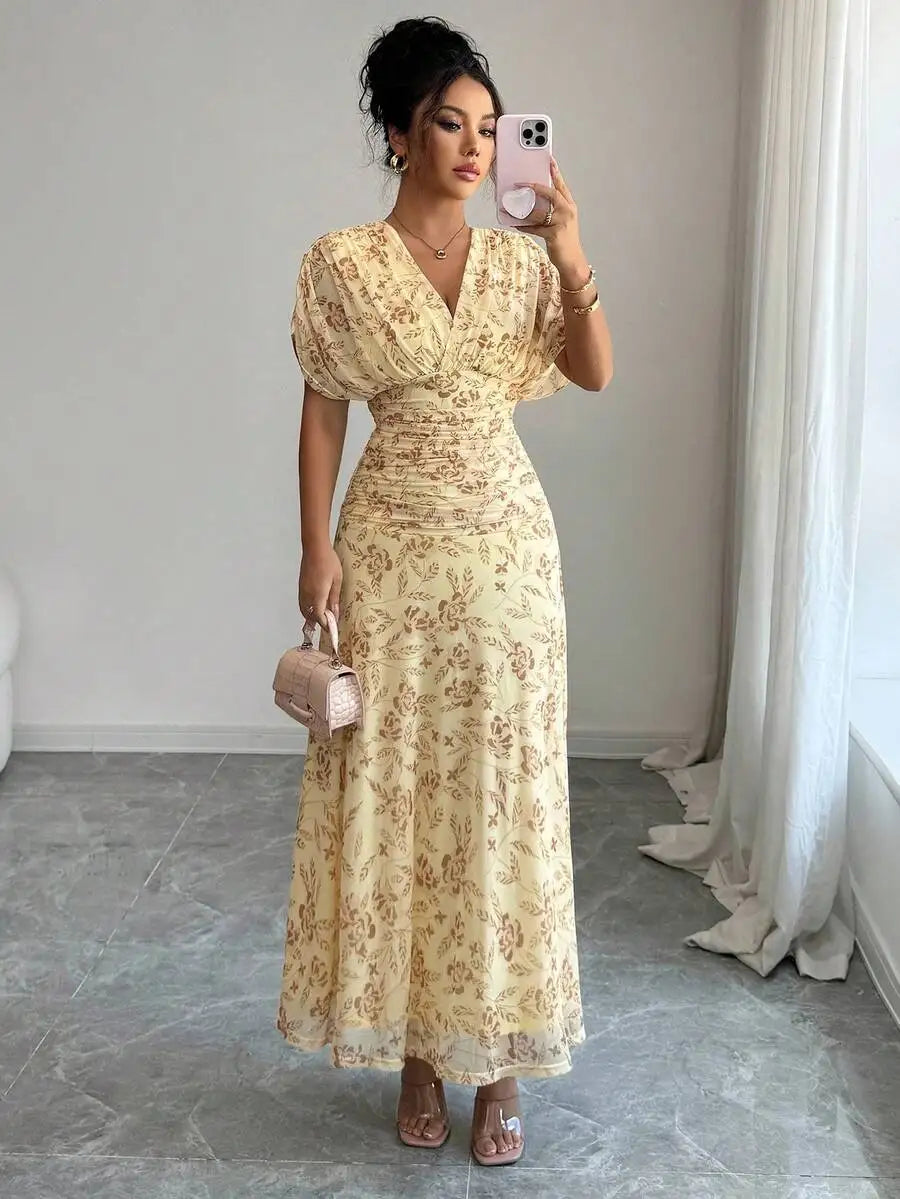 Floral Print V Neck Ruched Waist Maxi Dress For Women