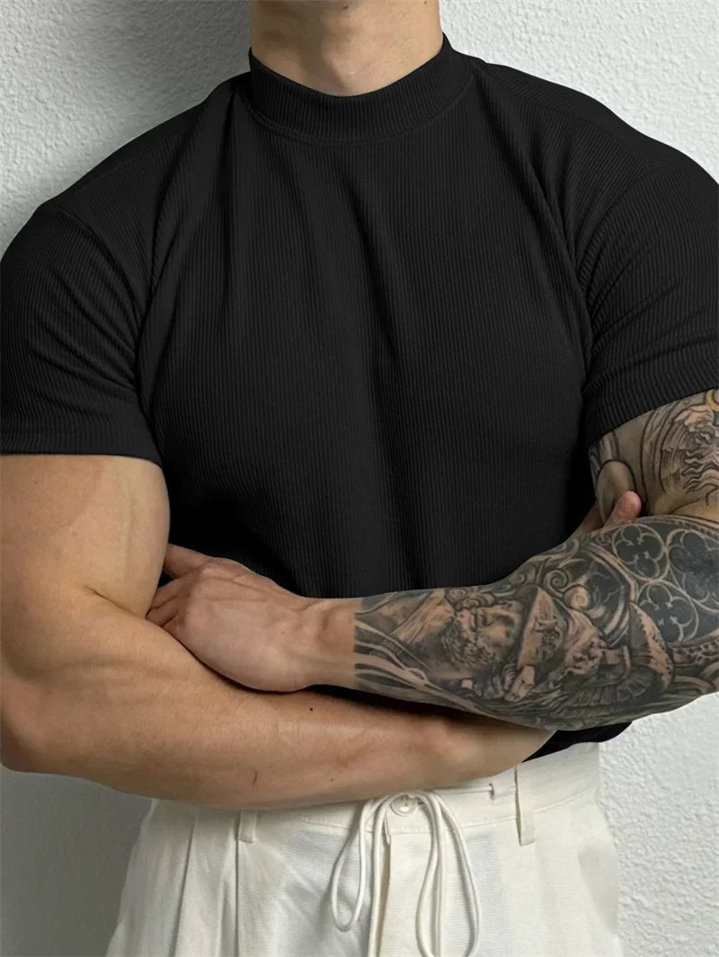 Mens Stripe Knit T Shirt With High Collar Fitness Top