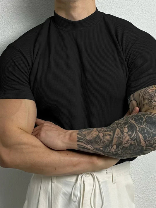 Mens Stripe Knit T Shirt With High Collar Fitness Top