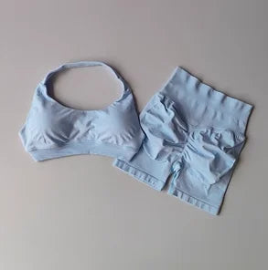 Halter Neck Sports Bra And Shorts Set High Waist Yoga