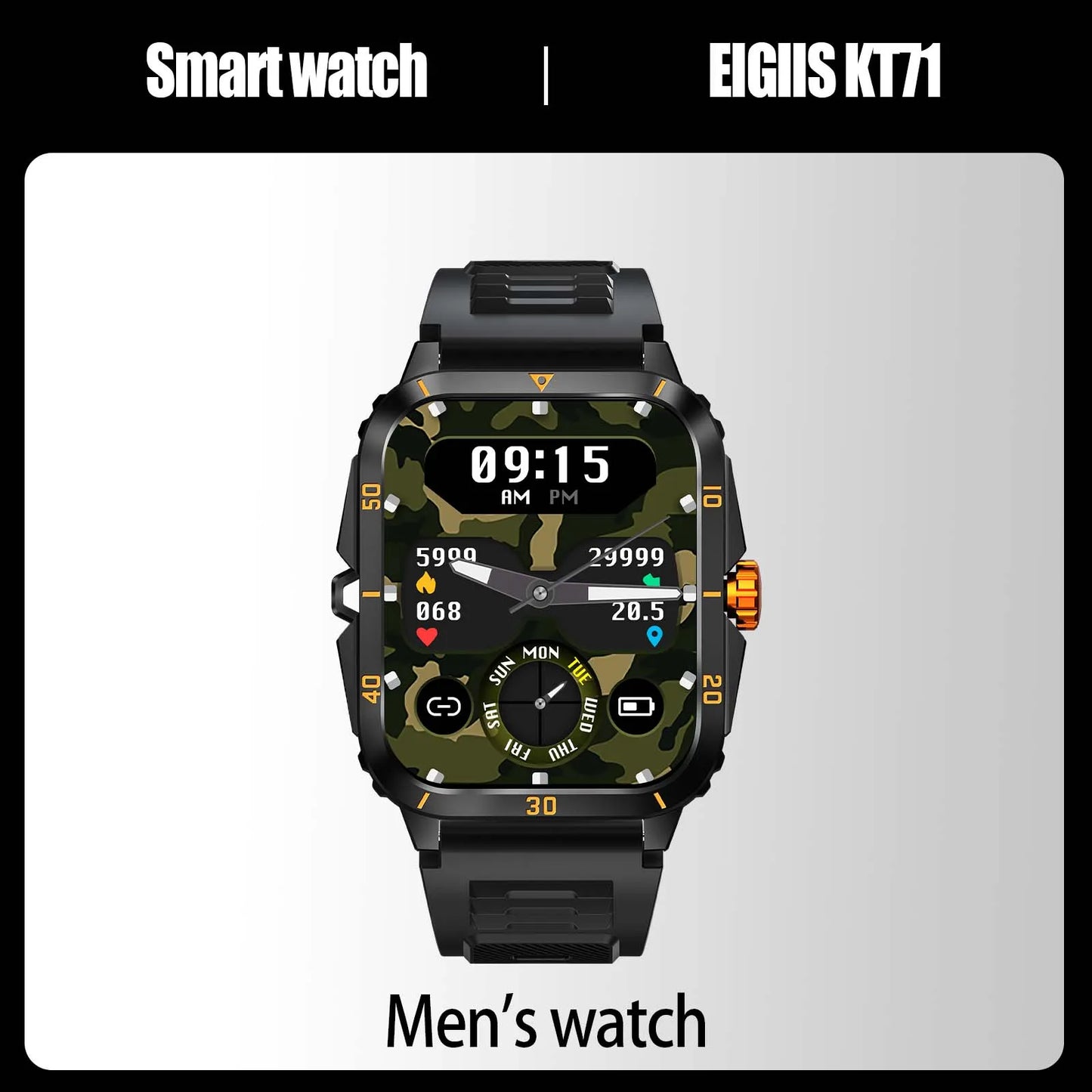 EIGIIS Smart Watch 3ATM Waterproof Heart Rate Blood Pressure Bluetooth