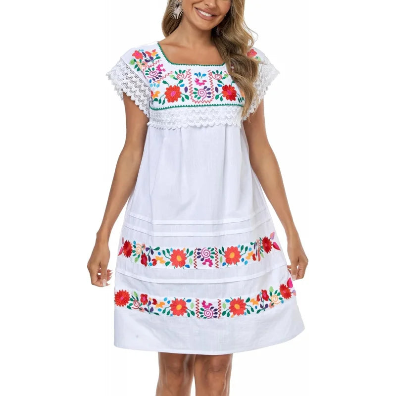Cotton Knee Length Embroidered Peasant Lace Dress With Short Sleeves