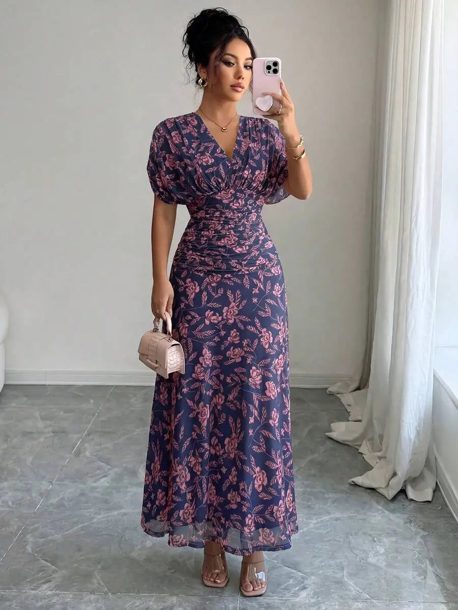 Floral Print V Neck Ruched Waist Maxi Dress For Women