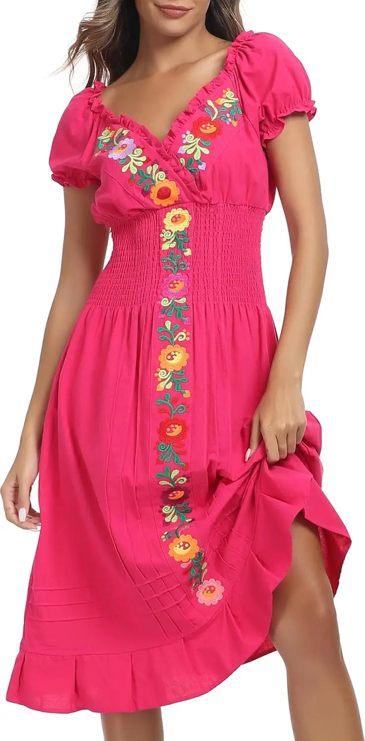 Cotton Women Mexican Embroidered Casual Summer Dress With V Neck