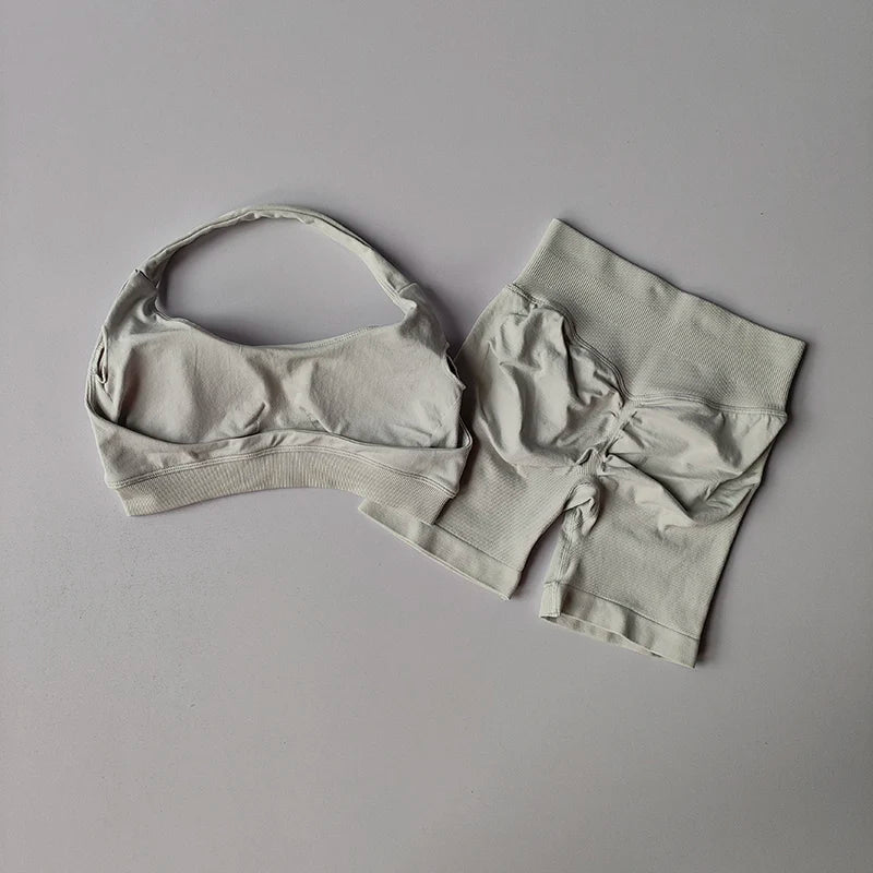 Halter Neck Sports Bra And Shorts Set High Waist Yoga