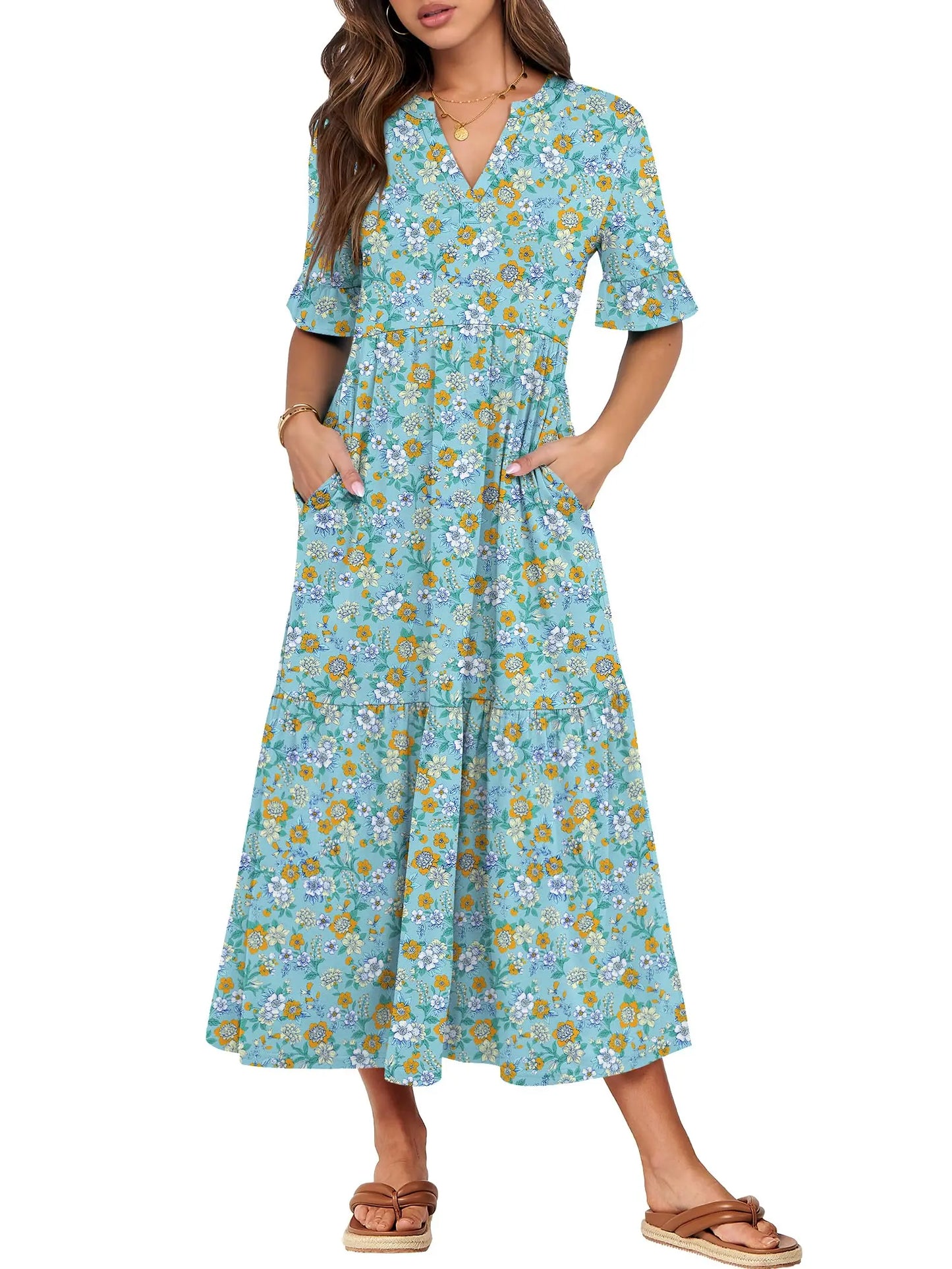 Womens Ruffle Short Sleeve Maxi Dress V Neck Tiered Pockets