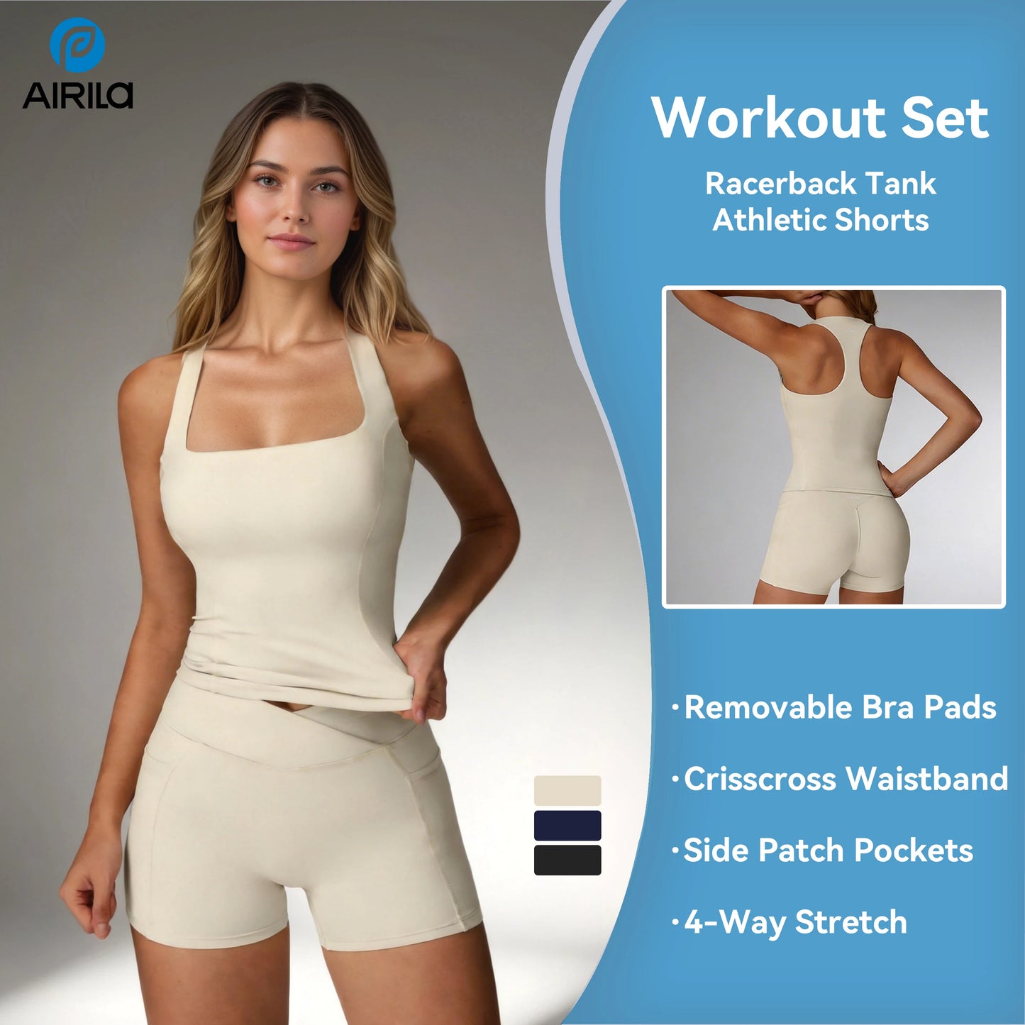 Airila Women's Yoga Set Racerback Pockets Push Up Removable Pads