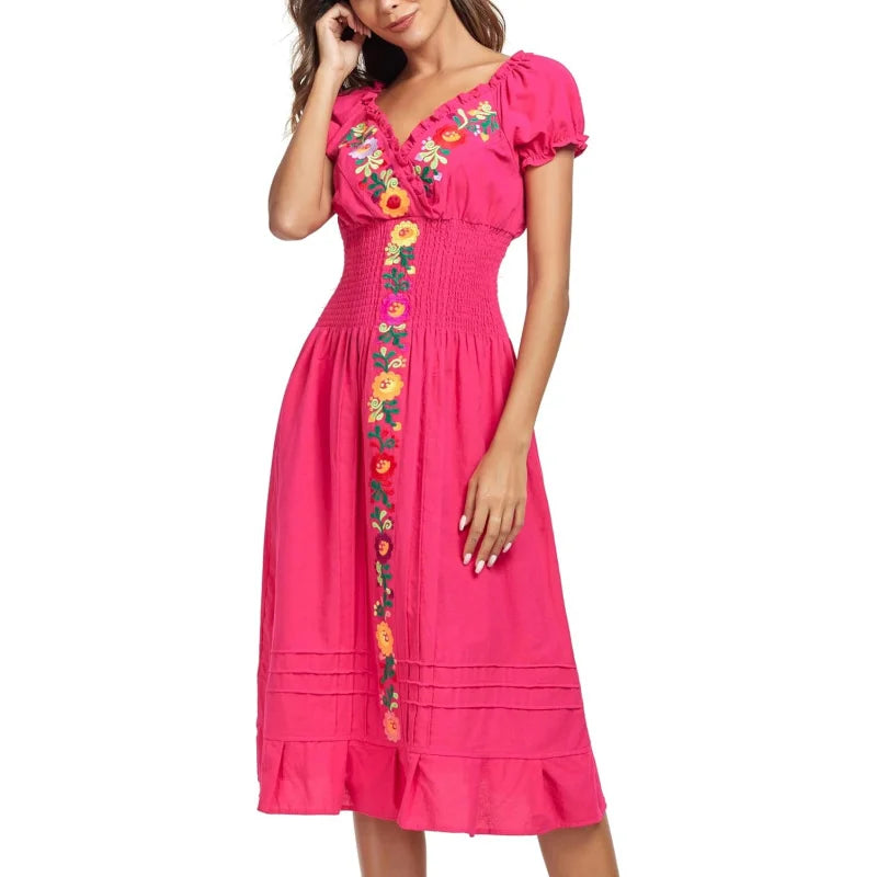 Cotton Women Mexican Embroidered Casual Summer Dress With V Neck
